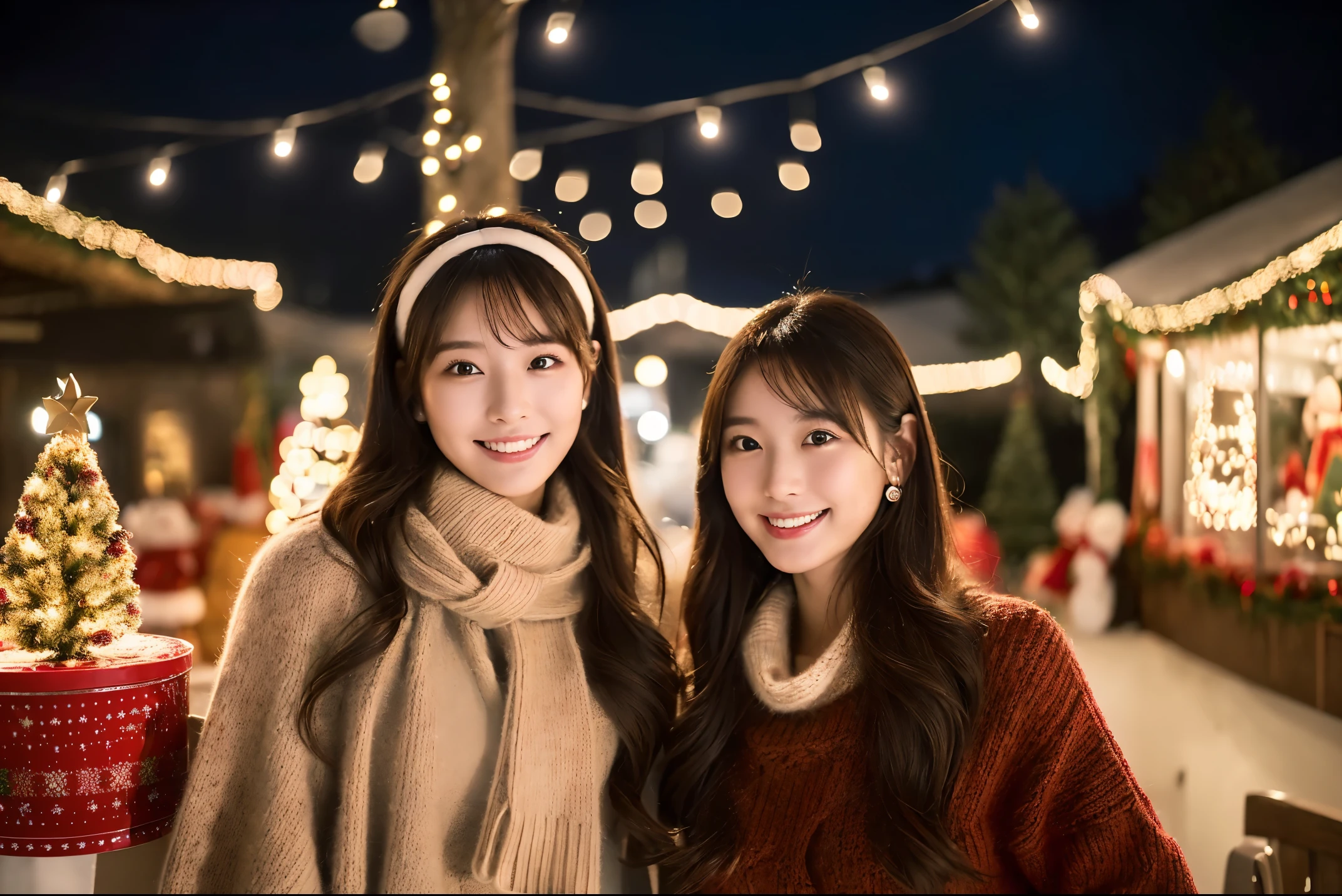 (The ultra -The high-definition:1.5)(ultra-detailliert:1.3) (ultra-quality) (An ultra-high picture quality:1.5) (rialistic photo:1.3) A Japanese Lady 21years old ((detailed and beautiful faces:1.3)) ((realistic skin textures:1.3)) ((Precise, high-quality eyes:1.3)) ((The beauty of detailed and high quality ears, Very fair and transparent skin:1.3)) ((Beautifully groomed long straight hair))Complete body beautiful proportion (winter trend fashion:1.3) gentle and elegant fashion knitted sweater cashmere scarf Intellectual The background is the inside of a cafe at dusk.. Beautiful, Luxurious and stylish interior ((smile kindly at the viewer:1.3)) Very beautiful high definition image quality ((Amazingly beautiful high-quality images)) ((Christmas City))((Beautiful Christmas Lights)) ((Christmas tree))