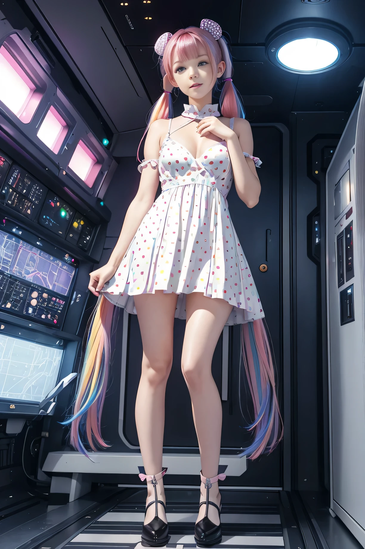 Cute redhead, gravure Idol, with rainbow colored hair tips, ribbons in her hair, 18-year-old woman, happy, in twin tails, perfect symmetrical eyes, clear sparkling blue eyes, pale skin, silky smooth skin, standing on a fancy luxurious space ship, large futuristic engine room, control panels, wood trim, decorative plants, warm lighting, wearing a futuristic party dress, pleated (chemise) mini dress (pastel rainbow colors, and polka dots), wearing full body pantyhose, cute short cut booties.