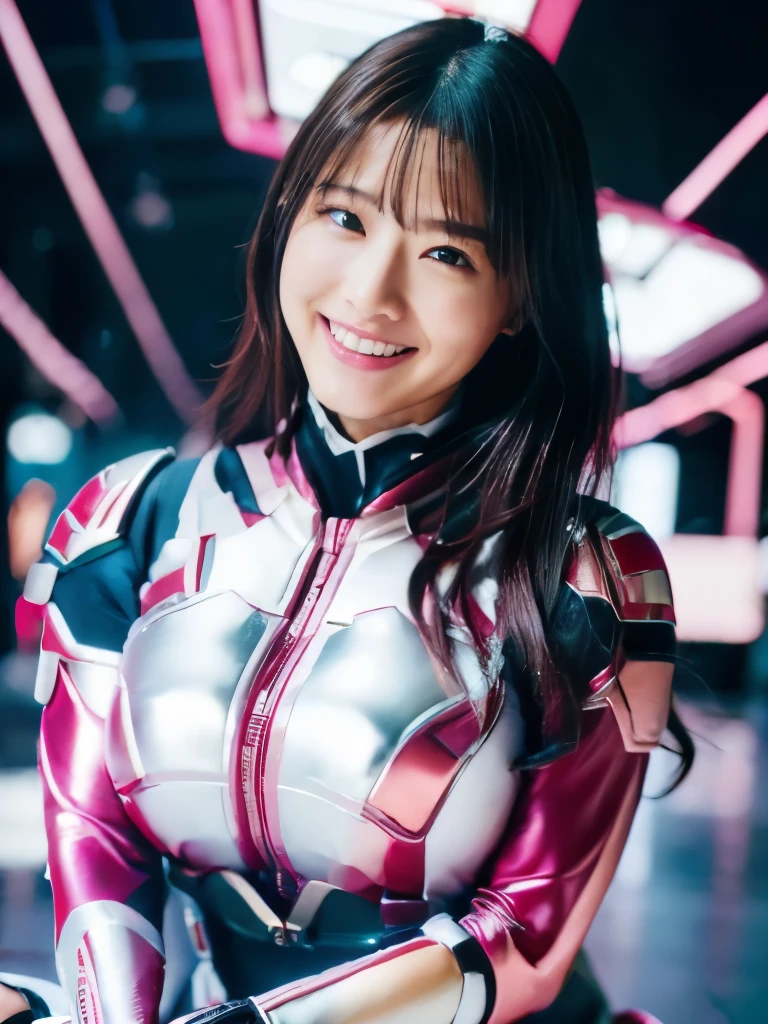 (ultra best quality、8K、masuter piece、delicate illustration、full bodyesbian、A beautiful and bewitching Japanese 25-year-old woman、)、(Futuristic close-fitting magenta and white metallic hero suit:1.2) 、(Very plump body 1.1、Super Big 1.2)、smiling at the viewer、A dark-haired