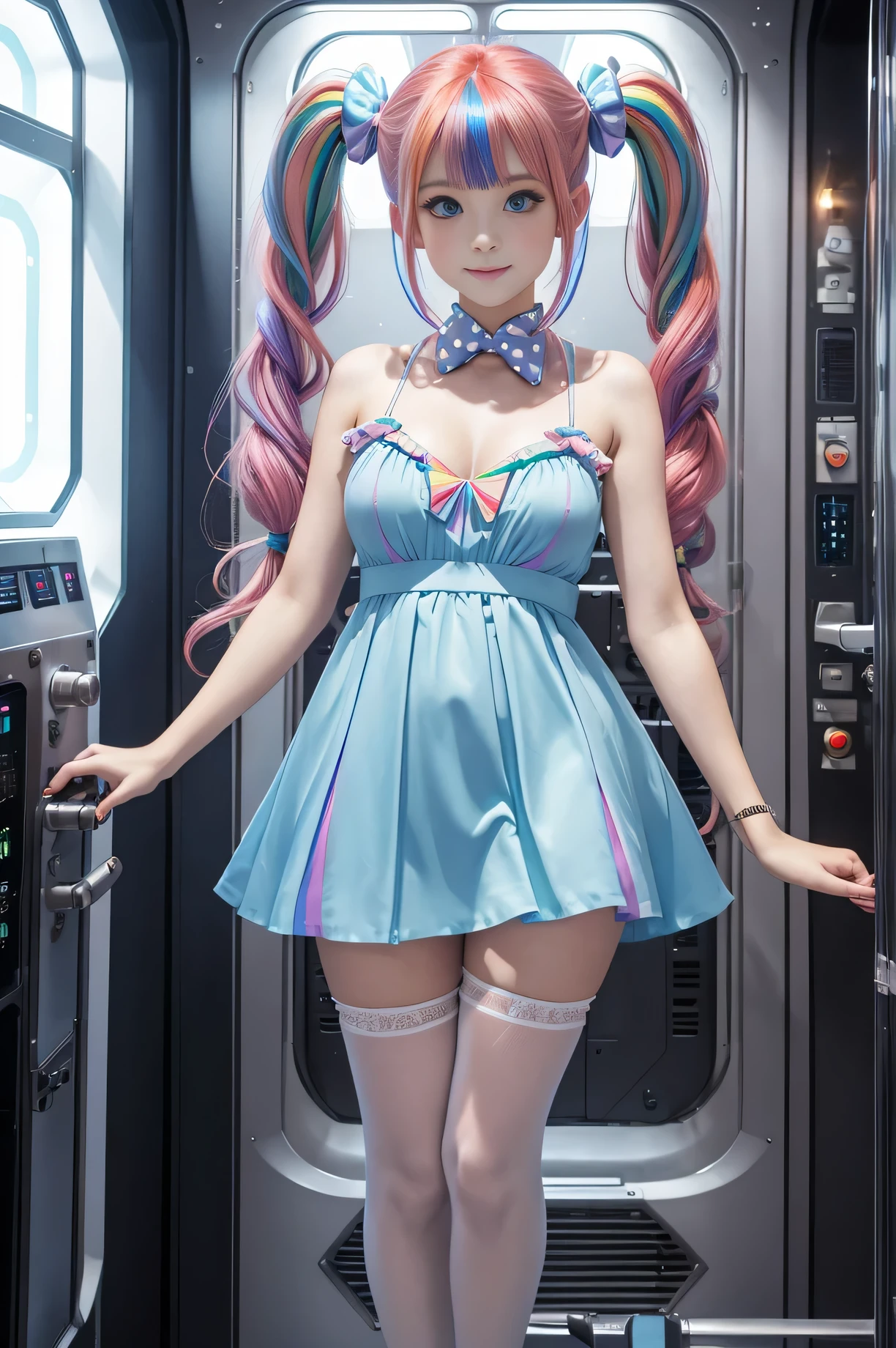 cute 19-year-old blond haired woman, pale white skin, happy, smiling, in twin tails, perfect blue eyes, pale goth skin, silky smooth skin, laying down on a space ship, deep space, dark lighting, wearing silk pantyhose, wearing a futuristic silk body suit, low cut top (chemise), (pastel rainbow colors, and polka dots), puffy sleeves silk.
