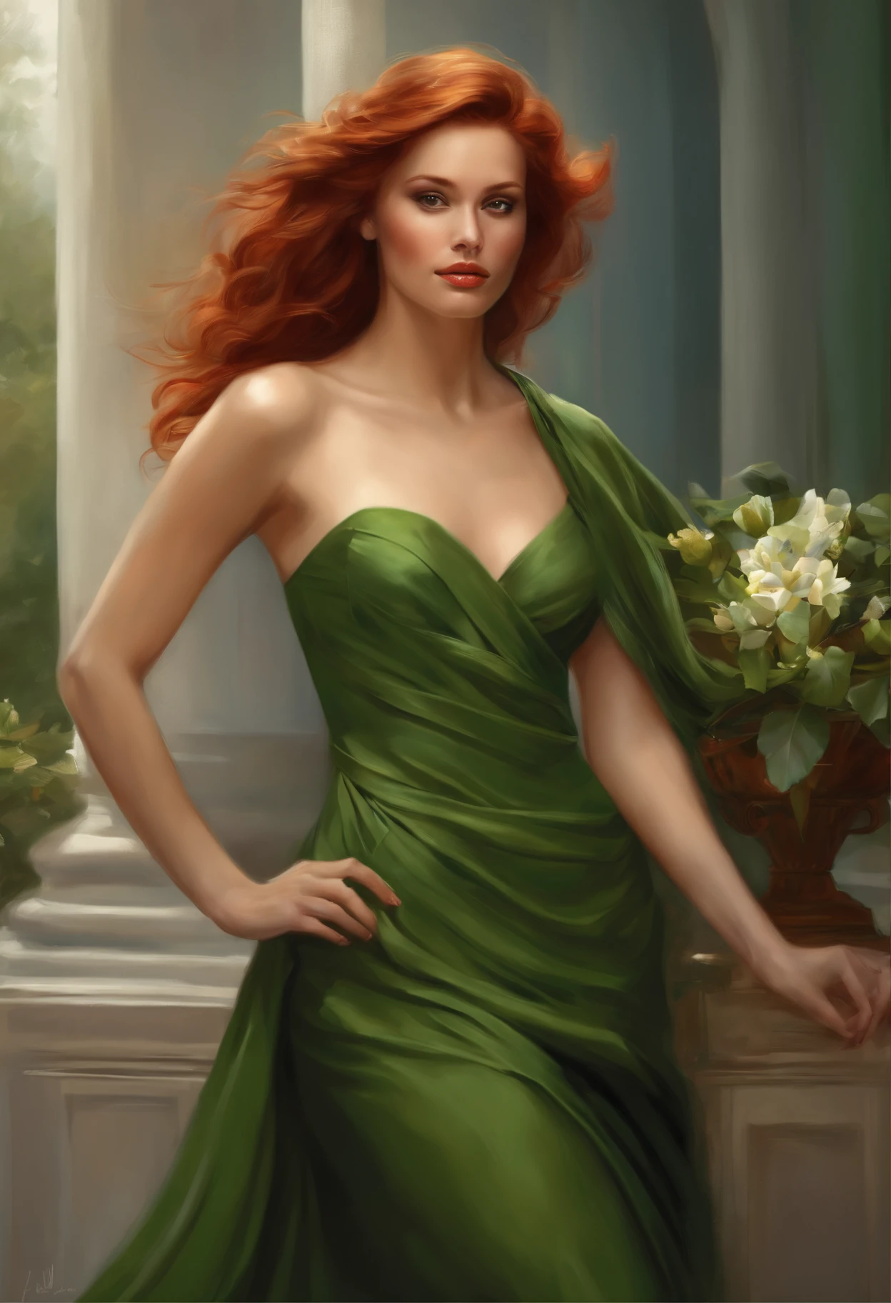 Painting of a woman in a green dress with a bouquet in her hands., stanley artgerm lau, steven artgerm lau, magali villeneuve', graphic artist magali villeneuve, artgerm lau, inspired by Magali Villeneuve, charlie bowater rich deep colors, Stanley Artgerm, red haired goddess, Стиль Stanley Artgermа