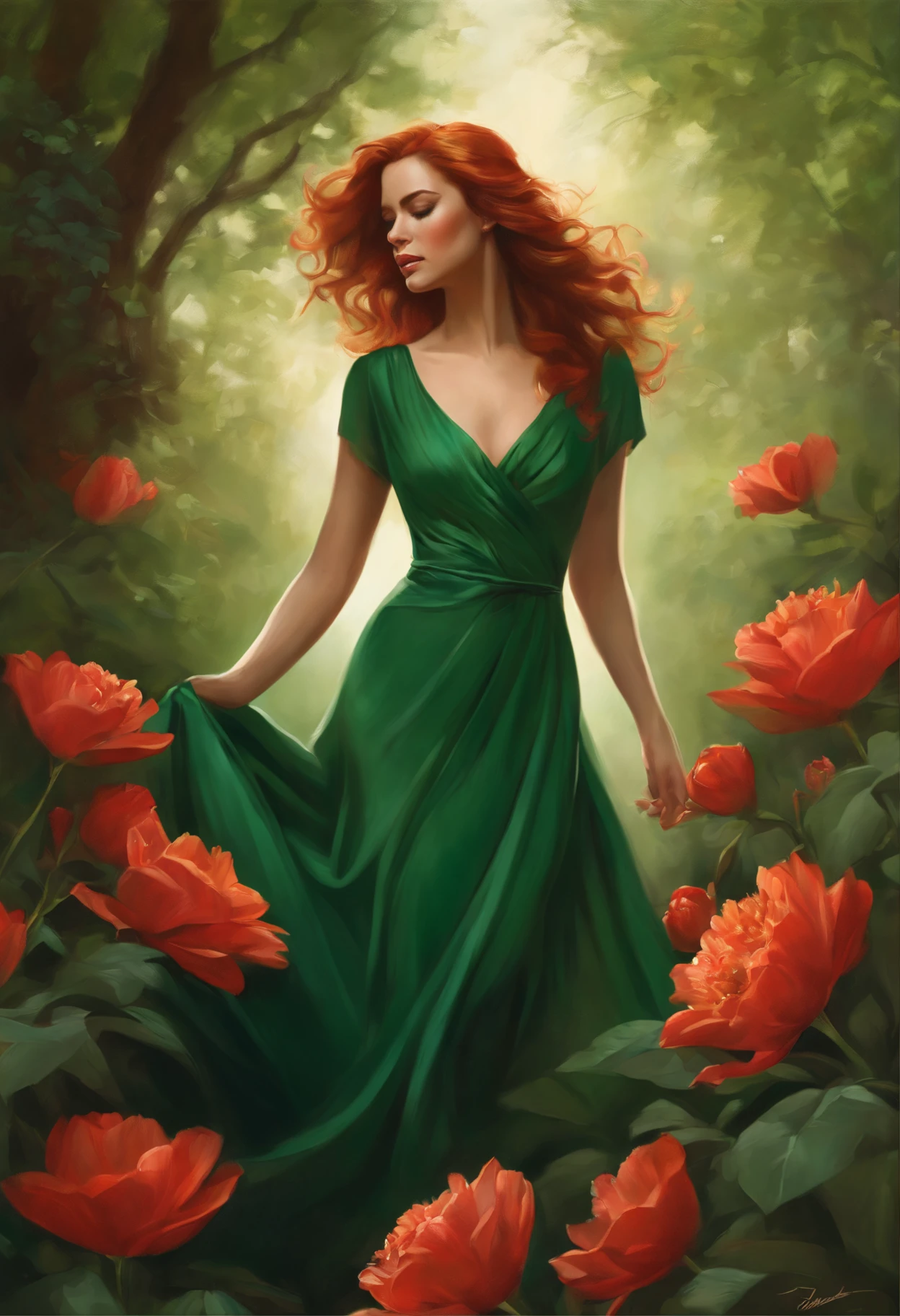 Painting of a woman in a green dress with a bouquet in her hands., stanley artgerm lau, steven artgerm lau, magali villeneuve', graphic artist magali villeneuve, artgerm lau, inspired by Magali Villeneuve, charlie bowater rich deep colors, Stanley Artgerm, red haired goddess, Стиль Stanley Artgermа