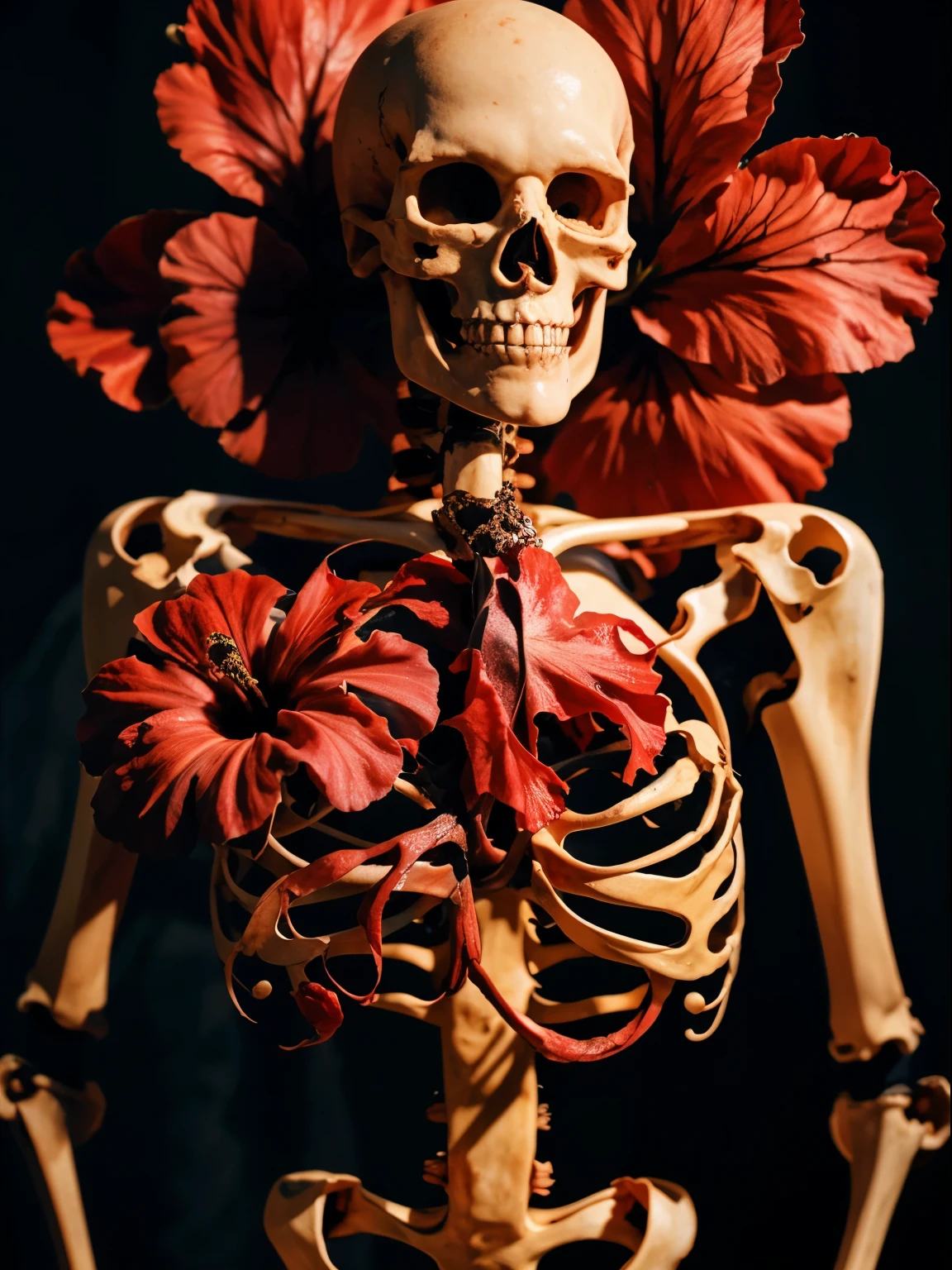 A skeleton holds a Hibiscus flower