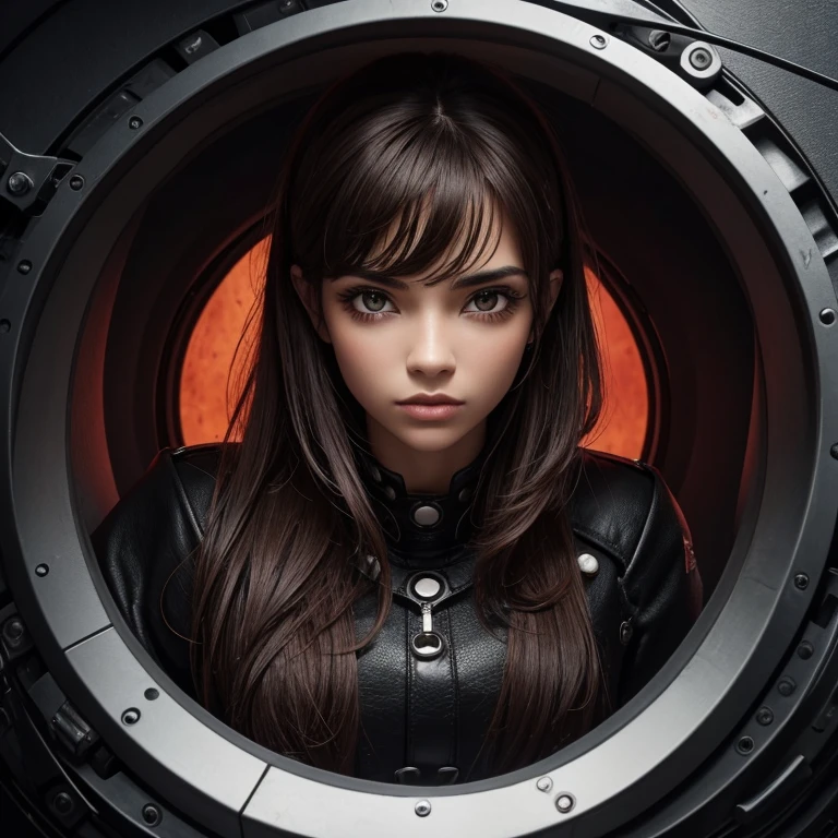 8k, oscuro_fantasy, cara delicada, (Delicada pupila de vidrio: 1.5), Retrato de cuerpo entero de pie, negro en un ojo, rojo en un ojo, 1 chica, Mechanical miracle, Presencia del robot