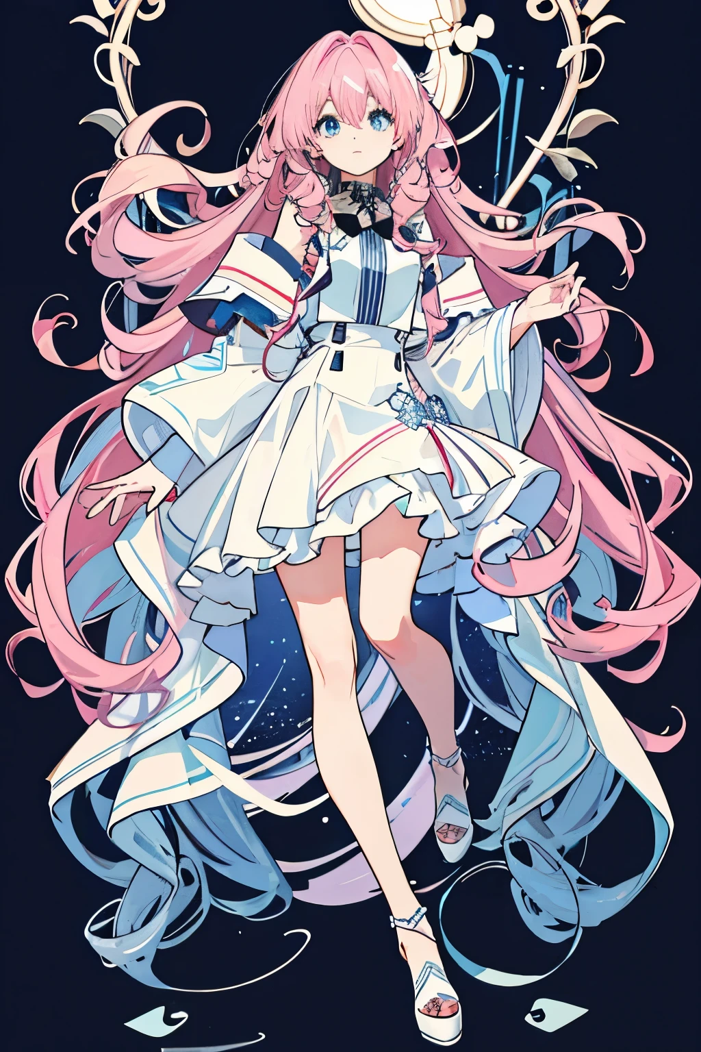 Long light pink slightly curly hair,light blue eyes,Celebrity navy blue white and red bordered full body portrait