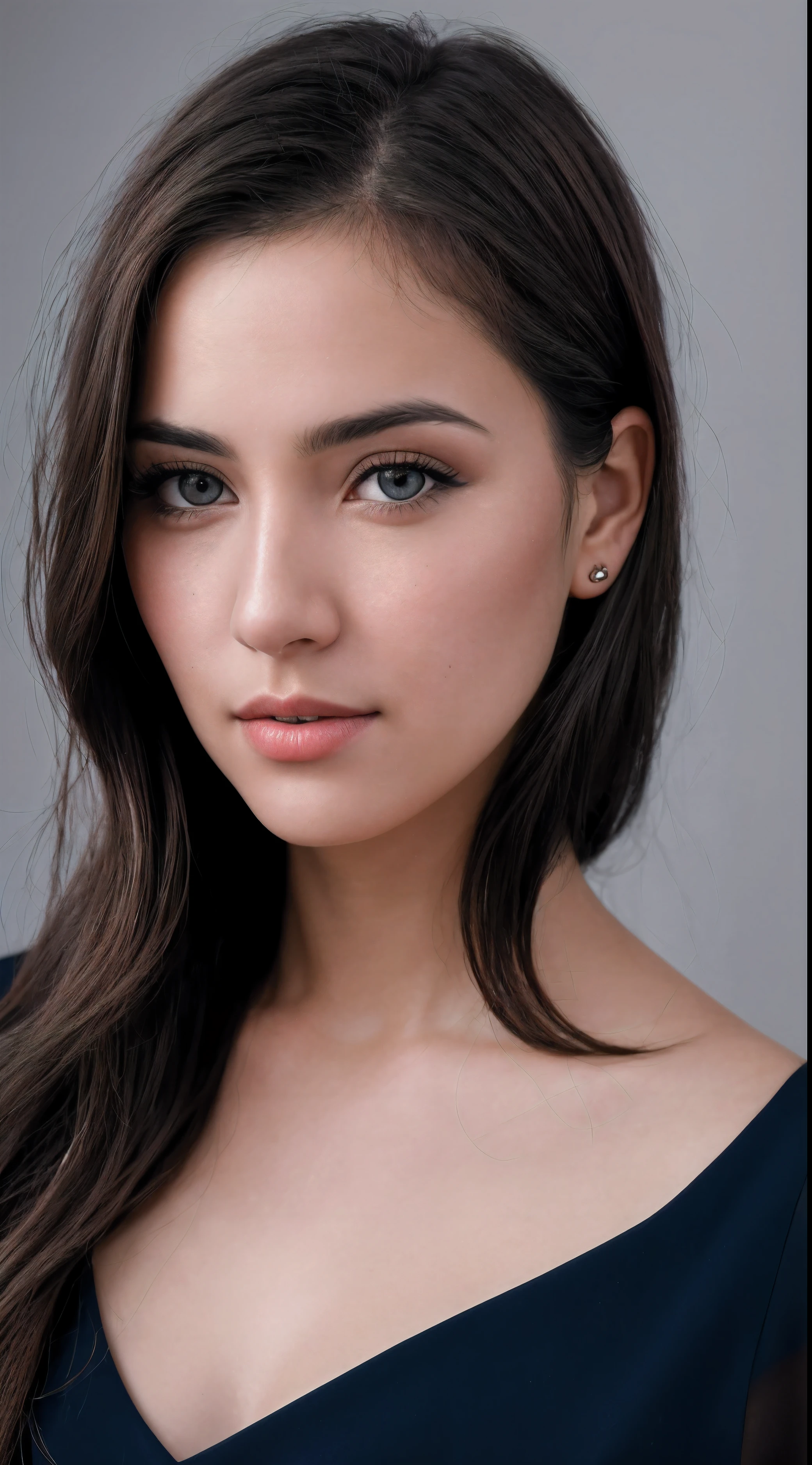a Realistic photo of a d4k0t4 woman, long hair, looking at viewer, blue eyeackground, brown hair, white background, closed mouth, portrait, realistic, soft lighting, professional Photography, Photorealistic, detailed, inside a dark Studio Room background, blurred background, RAW, analog, sharp focus, 8k, HD, DSLR, high quality, Fujifilm XT3, film grain, award winning, masterpiece