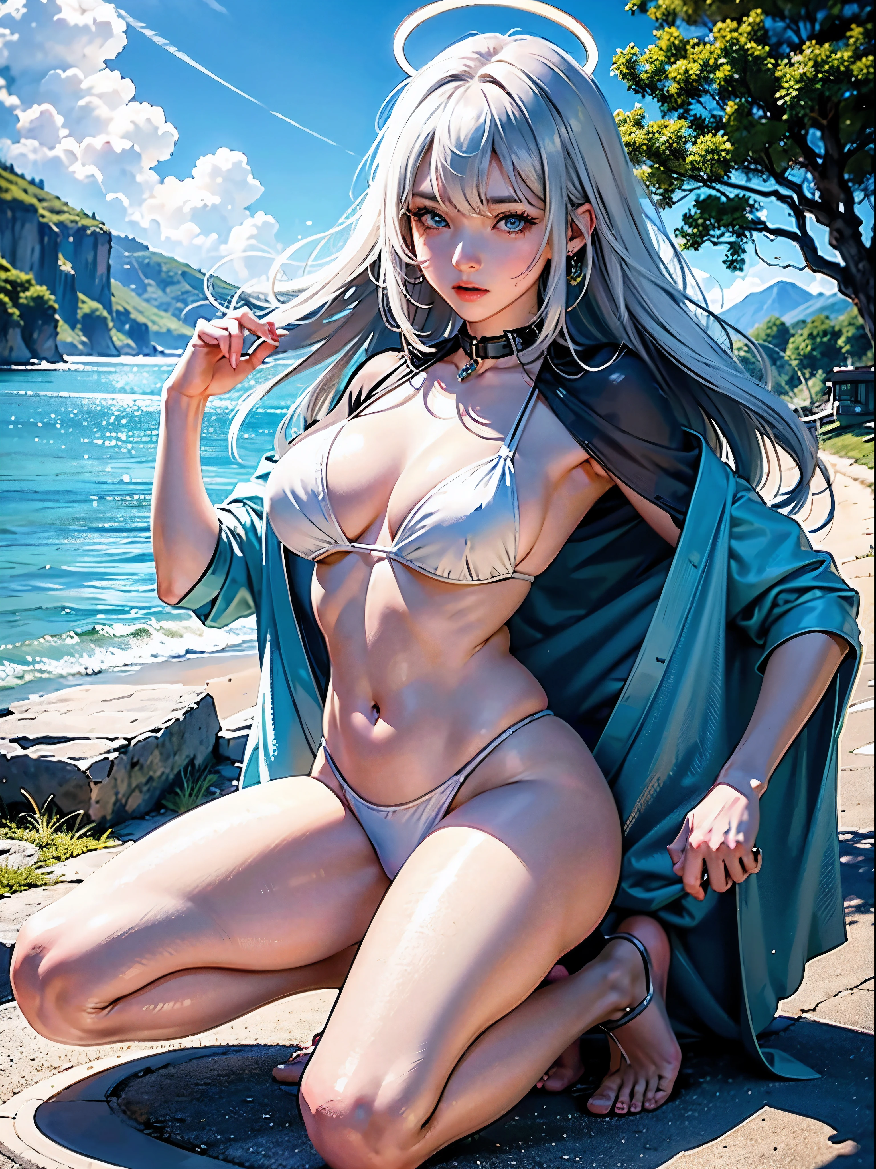 Best quality,navel,比基尼,hand on her own chest,The halo,Full body lesbian,Big blue eyes,Raised sexy,8K,,Bess,On the beach,lace panty hose,with her mouth open,Open your legs,可爱的Bigchest鼻子,可爱的Bigchest,The mouth is relatively large,The legs are relatively long,Bigchest,The eyes are relatively large,Long gray hair,The eyeballs are relatively large,sparkle in eyes,Naked foot,The nose is relatively large,white color hair,no shoe,Pretty big breasts,比基尼,at a forest,legs long,可爱的Bigchest脸,Vaginal thrust by,Fixed in a running position by a ,A little boyng,把时间停止定住了可爱的Bigchest少女,collareing led by a little girl for a ru