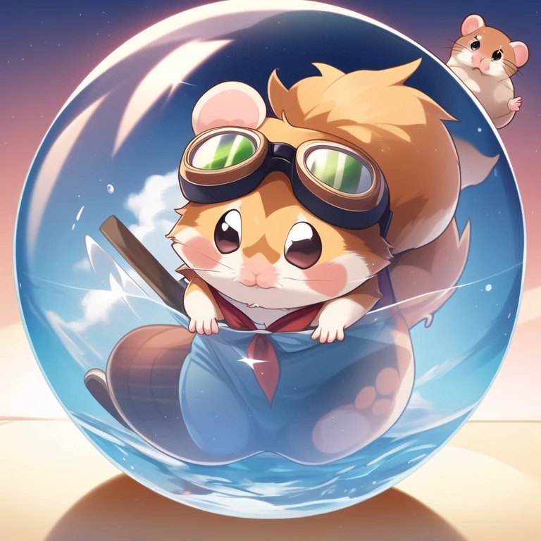 ((1hamster in a plastic ball, animal solo, male hamster, goggles on forehead)), cute, cool, chibi, red neckerchief, adventurer, best_quality, design, hires, (highly detailed:0.5), centered, round