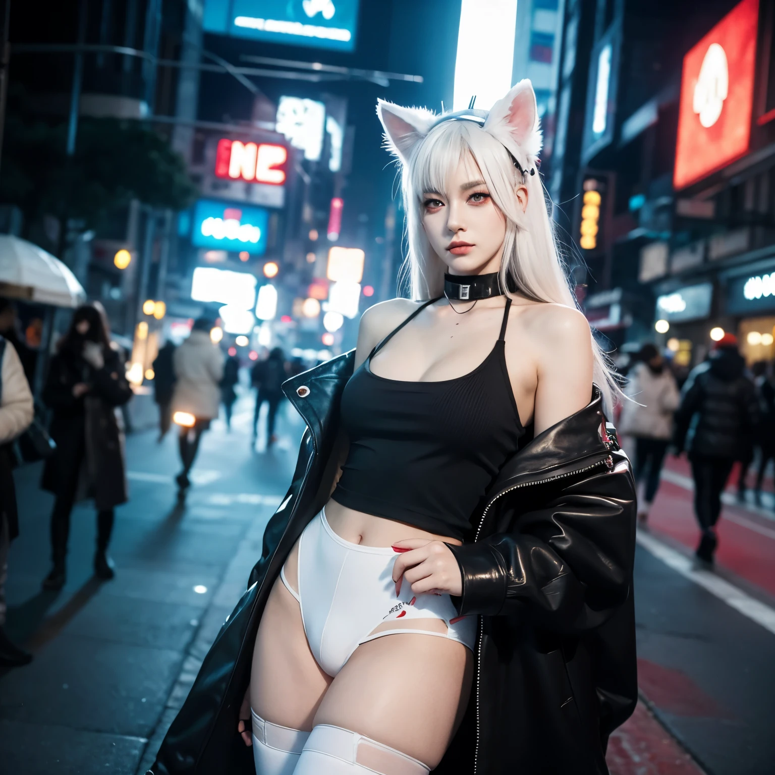 White fur animal ears, red pupils, future cyberpunk tights