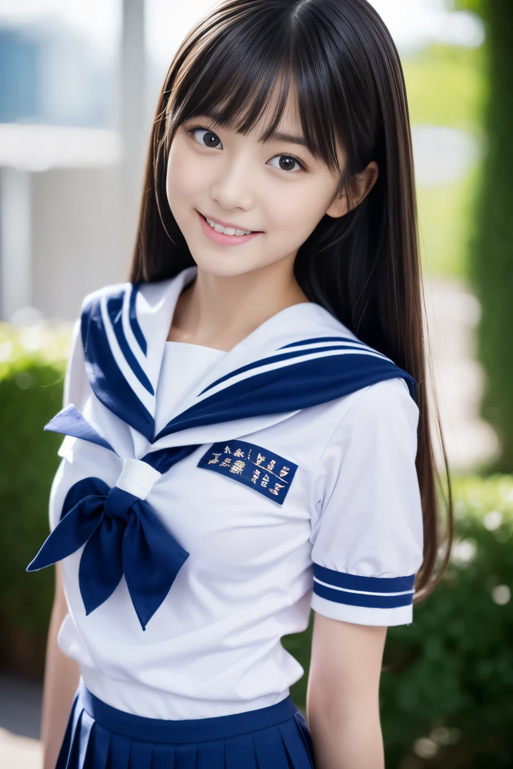 Close up of woman posing for photo,  japanese model model, 16-year-old female model,  4K、bangss、A dark-haired、bobhair、Middle hair、Straight hair、(white  shirt, Sailor School Uniform, Dark blue pleated skirt:1.2),　(Super cute face in idol style:1.2)、school classrooms、slim and beautiful figure、beutiful breast、A smile、full body Esbian、school classrooms、Beautiful legs、sexy  pose、white sock、White sneakers、