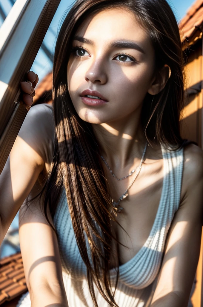 (Photoreal Stick:1.5, masutepiece:1.5, 8K), (top-quality, masterpiece, 超A high resolution), Perfect dynamic composition, Professional camera work, Highly detailed skin and facial texture:1.3, Grow Light Effect, The ultra-detailliert, Mystical portrait, 1girl in, (On the rooftop, Intense sunlight:1.3, Sunlight pouring down from above:1.3, Strong sunlight spreads across the screen:1.5), (thin satin v-neck dress), (Shoot with blur:1.4, fog the lens:1.4), Model body type, beautiful and clear face, (Eyes that feel beautiful eros:0.6, Enraptured look:0.7, i love you completely:0.5, slightly open mouth, A mouthfeel that feels beautiful eros:0.6), (Dark brown medium hair, the hair flutters with the wind), the chest is medium, a necklace), (leaning, Sit up), (seductiv)