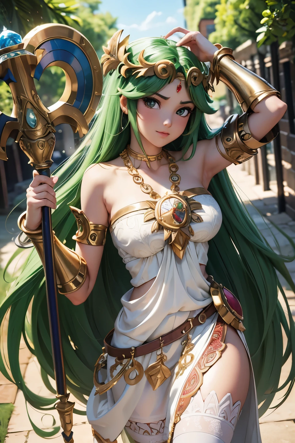 palutena_aiwaifu,aiwaifu,green hair,long hair,palutena mature_female,jewelry,very long hair,dress,bare shoulders,tiara,green eyes,necklace,strapless,strapless dress,white dress,armlet,large breasts, wide hips, toned, curvy,neck ring,laurel crown,thighhighs,parted bangs,vambraces,bangs,side slit,gold,forehead jewel,pendant,white thighhighs,belt,cleavage,collarbone,bracelet,bracer,long dress,circlet,gem,lips,
masterpiece,best quality,ultra detailed, 8k, cinematic light,highly detailed, scenery,pose,solo,looking at viewer,
<lora:GAME_palutena_aiwaifu-10:1>