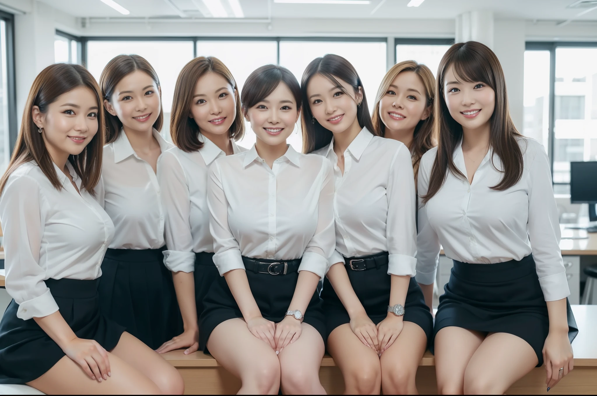 ((Best Quality, 8k, Masterpiecedetails, ultra-high resolution)), (group picture)(looking at the viewer), (full shot:), attractive business 5 milfs, 5 people, a bit chubby:0.25, plump thigh, white collared shirt, grey skirt, (sitting with cross legs on office desks)), smile, office of CEO,