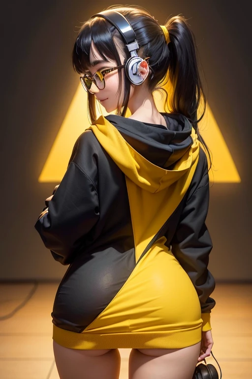 (from behind:1.5), 1 beautiful Thai girl, Turn to look at the audience, long hair in a ponytail,, bangs, eyeglasses, Naughty smile, small breast, ((Over-ear headphones)), Full body, Stand still..., ((Oversized long hoodie,yellow)), (open chest: 1.5), smooth black background, Low-key lighting, anime, ultra highres