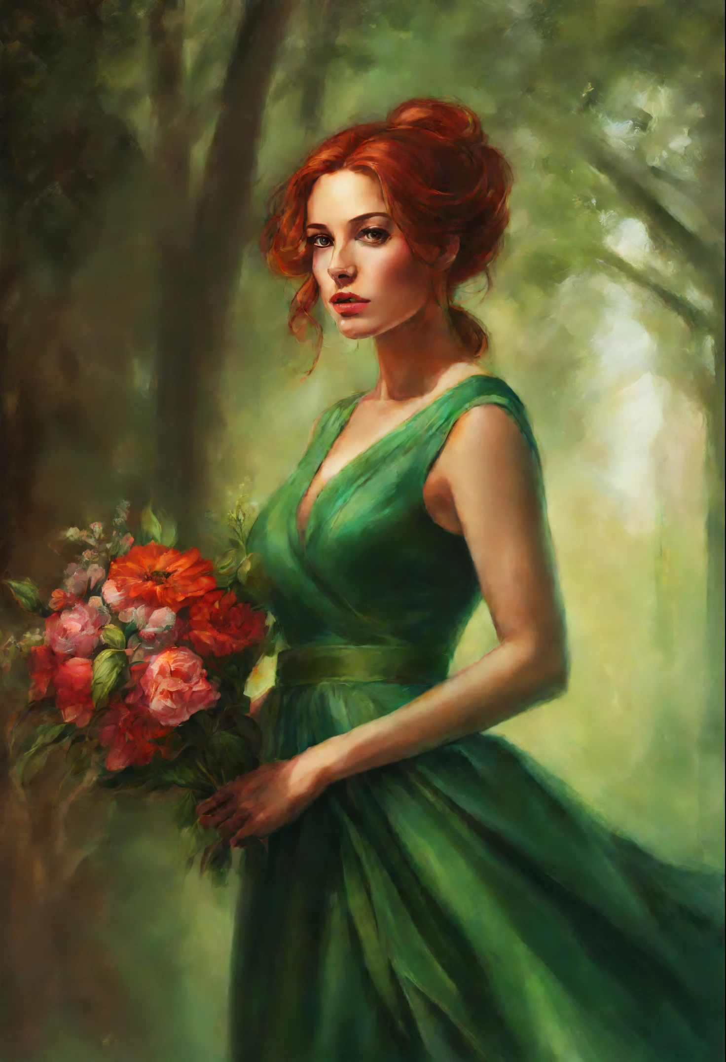 Painting of a woman in a green dress with a bouquet in her hands., stanley artgerm lau, steven artgerm lau, magali villeneuve', graphic artist magali villeneuve, artgerm lau, inspired by Magali Villeneuve, charlie bowater rich deep colors, Stanley Artgerm, red haired goddess, Стиль Stanley Artgermа