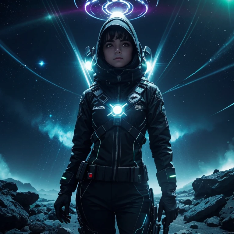 (Granulada:0.5), Kinematic,girlish, Espacio, serio, ojos detallados, Cara detallada, Ropa futurista detallada, Luces en la ropa, (Aiming gun:1.1), (ocultamiento:1.1), (En cuclillas, Mirando hacia un lado:1.1), volumetric illumination, Aislamiento, horror, dark ilumination, Detalles bioluminiscentes rojos, Detalles bioluminiscentes verdes, Detalles bioluminiscentes azules