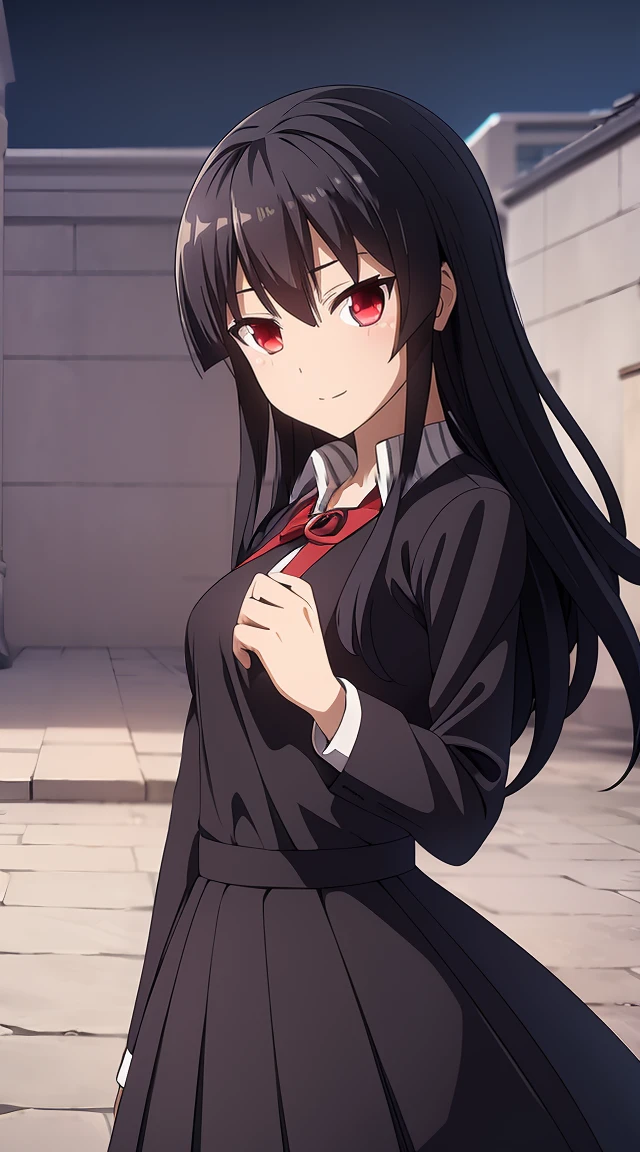 Akame,romantic style,(best quality,4k,8k,highres,masterpiece:1.2),ultra-detailed,(realistic,photorealistic,photo-realistic:1.37),detailed eyes,detailed lips,longeyelashes (Akame's eyes are carefully drawn, Eyelashes are long and clearly visible。) ,1girl,charming appearance,navy blue school uniform,(professional,polished:1.1),yellow accents,pattern of writing utensils,long black pleated skirt (A charming student uniform,dark blue theme,Detail processing is professional and exquisite,Highlight with yellow decoration,There is a stationery pattern on the skirt.。),vivid colors (Vibrant and rich colors),soft lighting (gentlesoftlighting),romantic atmosphere (Romantic atmosphere)