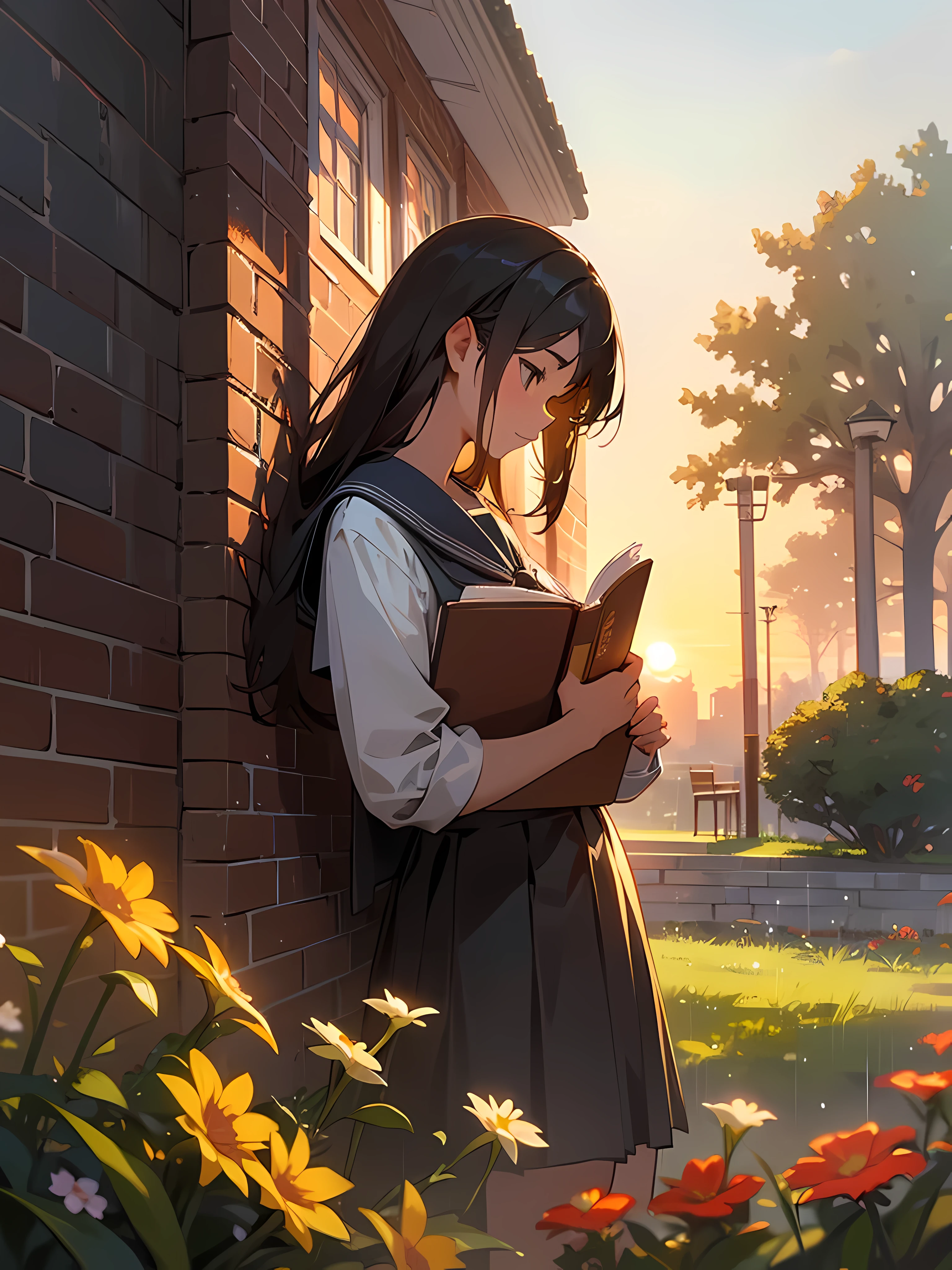 school student reading book on grass, side view, photorealistic sunset, brick wall, school building, flowers, (masterpiece, best quality), 32k uhd, ultra detailed, neutral density, after rain