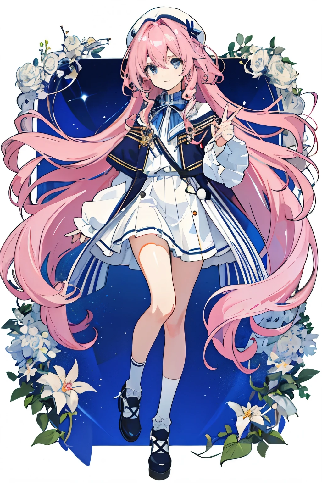 Long light pink slightly curly hair，light blue  eyes，Celebrity navy blue white and red bordered full body portrait