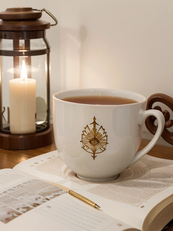 Design a detailed image with everyday elements that represent inner peace, like a cup of tea, un libro abierto o una vela encendida.