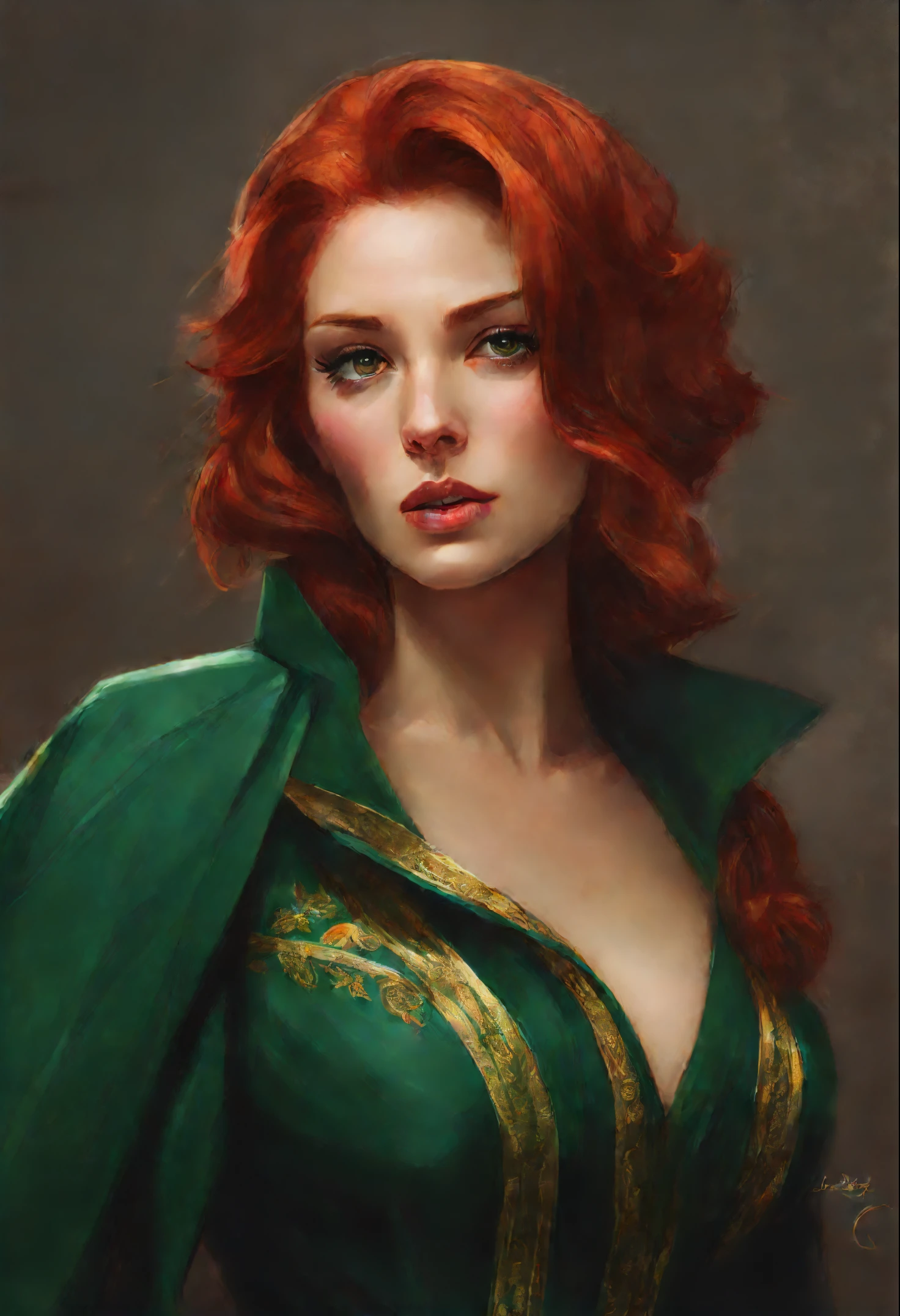 Painting of a woman with red hair and a green dress, Short Hair Hair, nose potatoes, Character portrait, Character portrait, cgsociety portrait, Based on Stanley Artgerm, High Quality Portrait, beautiful character painting, detailed color portrait, fantasy portrait art, realistic female portrait, Portrait of Jean Grey, elegant digital painting, fantasy portrait, by stanley artgerm lau, inspired by Cynthia Sheppard