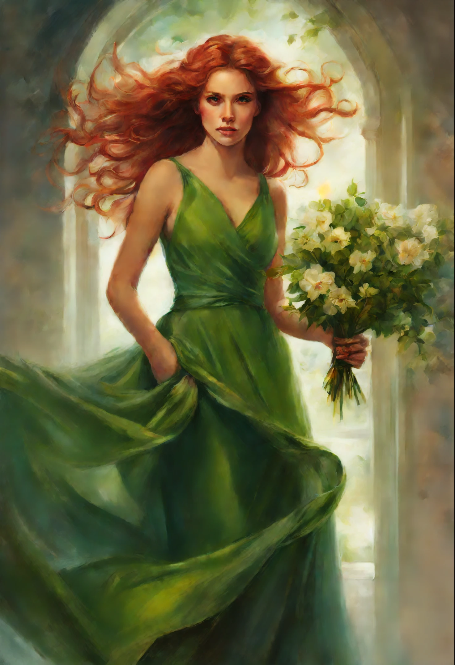Painting of a woman in a green dress with a bouquet in her hands., stanley artgerm lau, steven artgerm lau, magali villeneuve', graphic artist magali villeneuve, artgerm lau, inspired by Magali Villeneuve, charlie bowater rich deep colors, Stanley Artgerm, red haired goddess, Стиль Stanley Artgermа