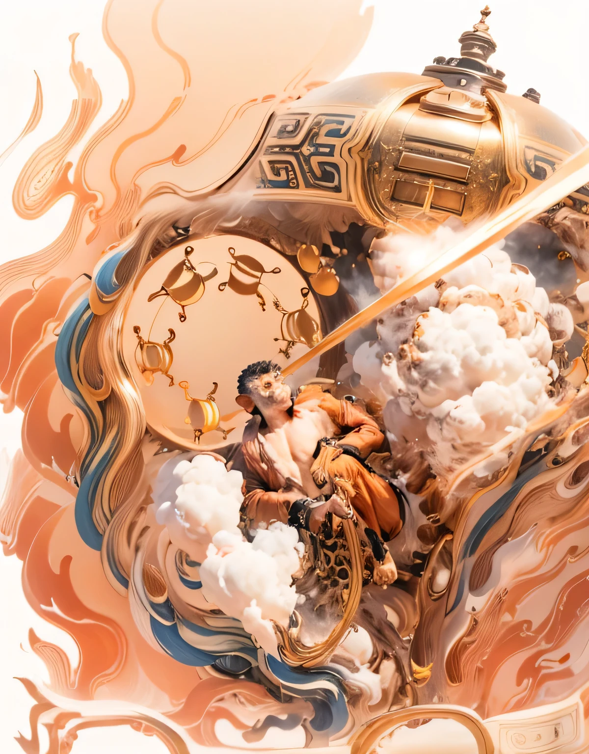 a complete monkey,There is fire and smoke behind,Image is complete