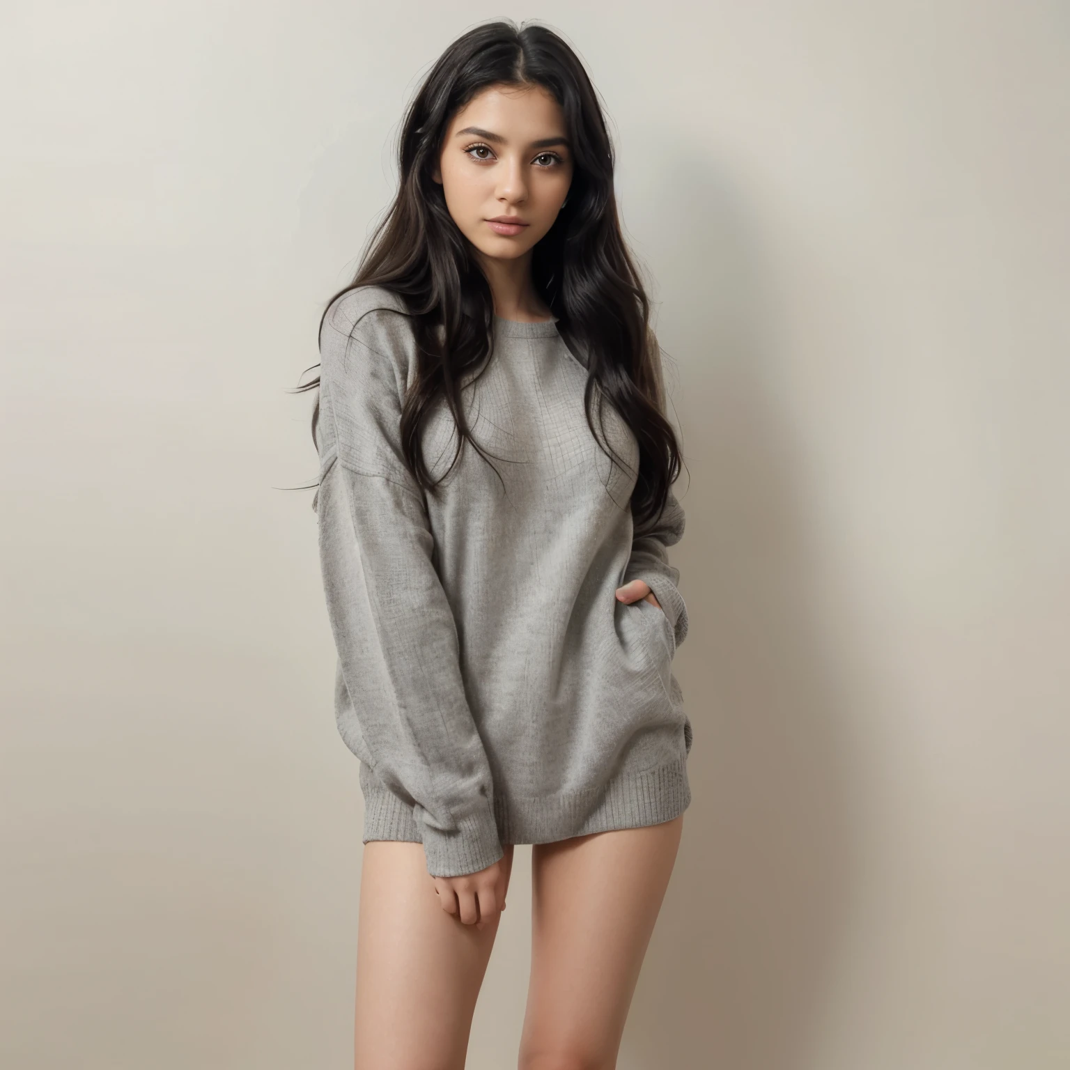 Ultra-high resolution,realistic,masterpiecedetails,ultra detailed,portrait,young,beautiful,labanese,girl,20 years old,big eyes,detailed facial features,long eyelashes,sharp beautiful nose,wavy black hair,natural makeup,fashionable attire,fit body,vivid colors,soft lighting,warm tones,rich skin texture,subtle shadows,natural environment,(Wearing Black and Grey Color Staud Shoko Sweater),(pose,Standing with one leg in front of the other),(background white color wall),(model photoshoot)