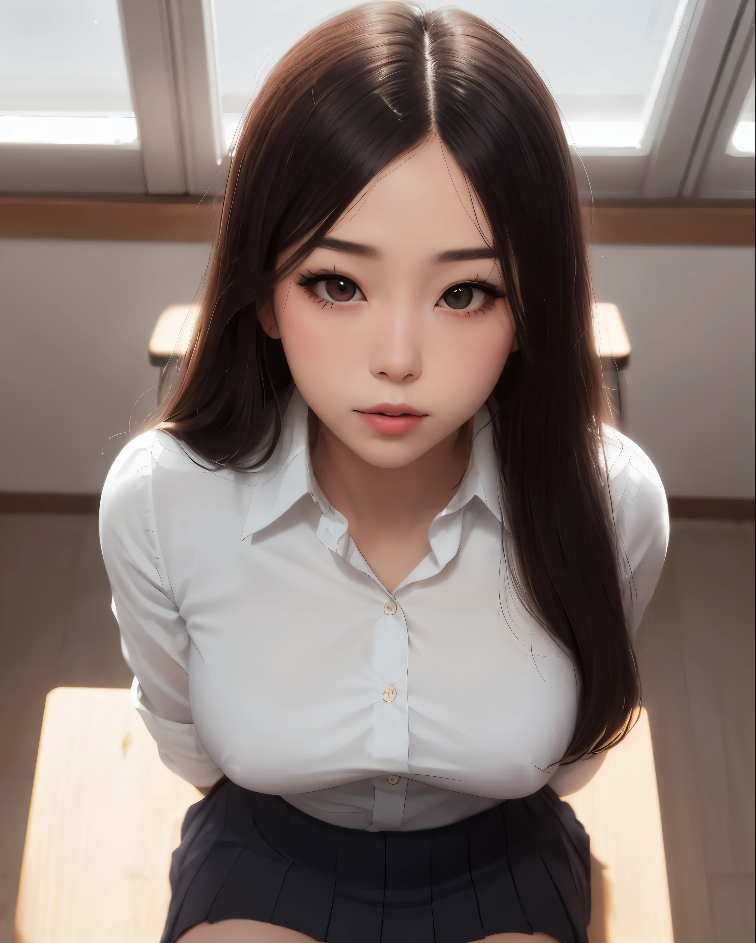 1Woman, Long hair, Mature, parted lips, blusher, makeup, Annoying, sitting, school uniform, Classroom, light beams, Glow, thights, 鎖骨, Narrow waist, (Masterpiece), wallpapers, Wide angle, From directly above
