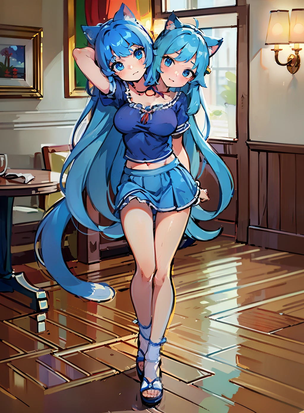 best quality, (masterpiece),(ultra-detailed), (high quality), (high resolution), (2heads:1.5), 1girl, ((blue long hair)), blue t shirt, white collar, blue shorts, ((full body)), cat ears, cat tail, light blue eyes, blue frilled skirt, wearing sandals, (red ribbon), cowboy shot