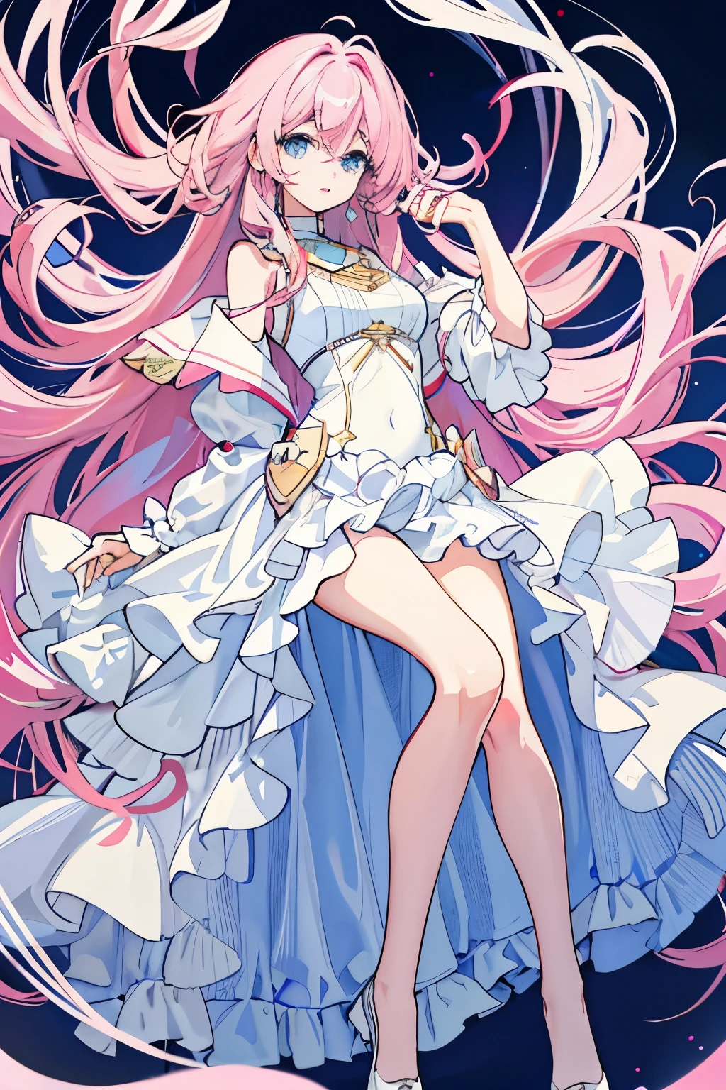 Long light pink slightly curly hair,light blue eyes,Celebrity navy blue white and red bordered full body portrait,Masterpiece,perfect pubic