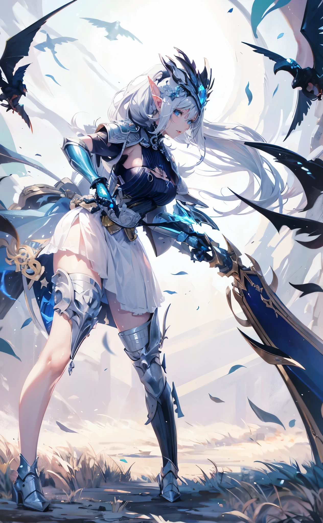 closeup cleavage, The world of dreams, Sister of the Elf King, Long face shape, spiny helmet, , The demons, humanoid creature, Long ponytail hair, long elf ears,Her skin is very white, white complexion, Clear eyes, Exquisite silver-blue armor, high heels boots,disheveled black hair, Black cloth, 单眼blindfolds, Broken silver blue armor,破旧的high heels boots, saber, blindfolds