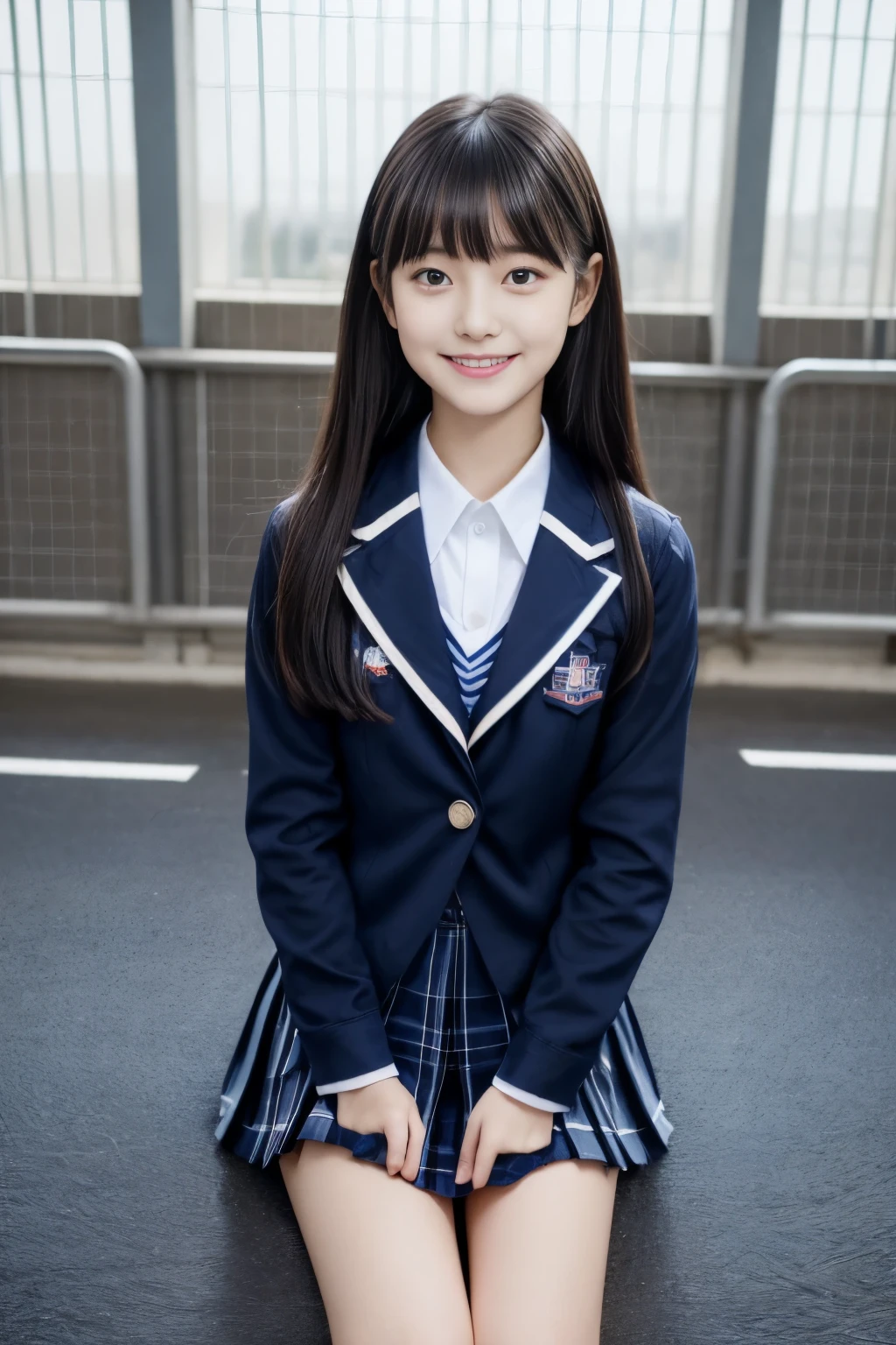 Close up of woman posing for photo, japanese model model, 16-year-old female model, 4K、bangss、A dark-haired、bobhair、Middle hair、Straight hair、(dark blue blazer school uniform, Navy Plaid Pleated Skirt:1.2), (Super cute face in idol style:1.2)、school classrooms、slim and beautiful figure、beutiful breast、A smile、full body Esbian、school classrooms美しい脚、sexy pose、white sock、White sneakers、