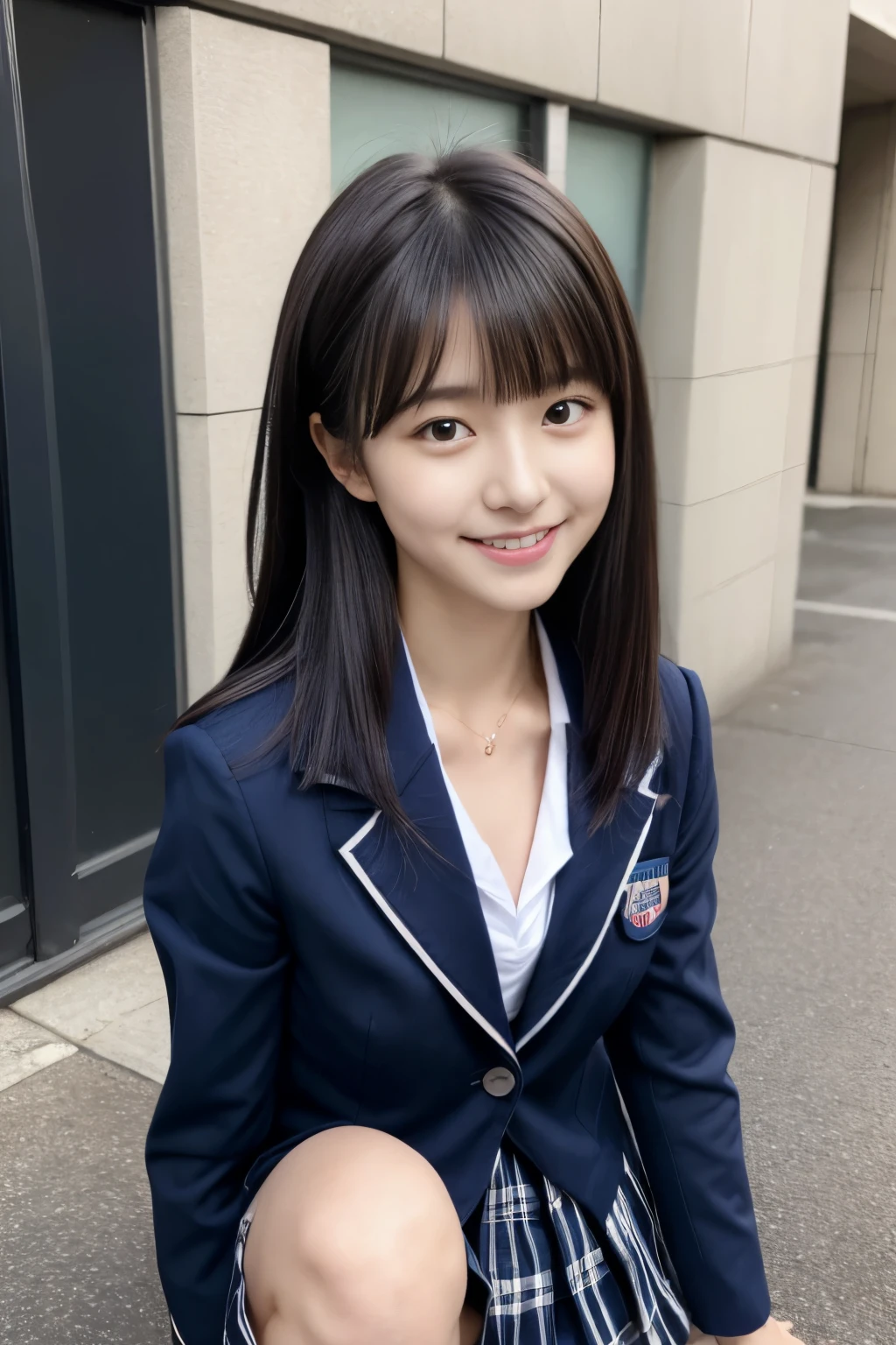 Close up of woman posing for photo,  japanese model model, 16-year-old female model,  4K、bangss、A dark-haired、bobhair、Middle hair、Straight hair、(dark blue blazer school uniform, Navy Plaid Pleated Skirt:1.2),　(Super cute face in idol style:1.2)、school classrooms、slim and beautiful figure、beutiful breast、A smile、full body Esbian、school classrooms美しい脚、sexy  pose、white sock、White sneakers、