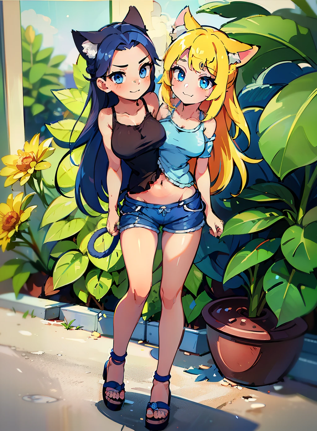 best quality, (masterpiece),(ultra-detailed), (high quality), (high resolution), (2heads:1.5), teenage girl, ((blue long hair)), blue t shirt, white collar, blue shorts, ((full body)), cat ears, cat tail, light blue eyes, blue frilled skirt, wearing sandals, (red ribbon), cowboy shot