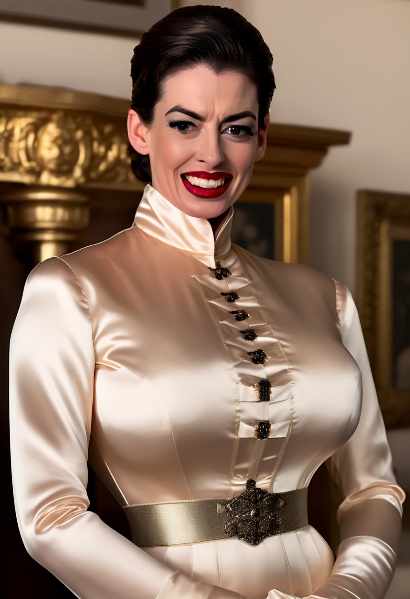 closeup shot, (muscular and angry evil frowning dominatrix anne hathaway showing her clinched teeth in anger with closed mouth and flared nostrils and furrowed brows:1.3) in a (closed satin skintight silk buttoned mandarin collar abaya with large shoulder-pads and extremely tight corset and belt and satin cape:1.4), tight hairbun, silk gloves, large covered breasts, small waist, wide hips and torso, (disgusted facial expression:1.2), (muscular arms), subtle evil stare with flared nostrils, large shoulder-pads, extremely cinched small waist,