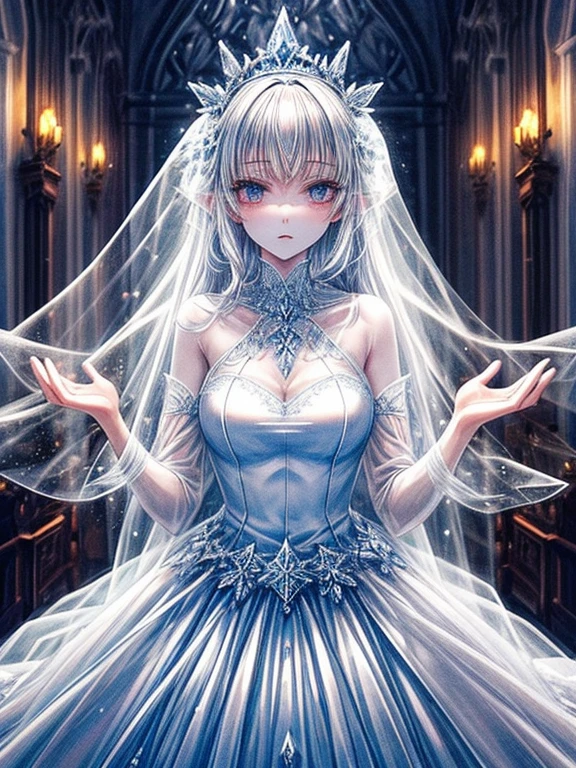 masutepiece, ighly detailed, Ultra-detailed, Cold, Solo, (1girl in), (pale skin), Silvery eyes, Frosty white hair, (snowy background), snowflake rosen flower:0.5), (crystal crown), (shining crystal), (Transparent dress), (Snowy ground), (Icy breath), (Frozen lashes), A woman in a transparent wedding dress stands in a room with flowers, luxurious wedding, very magical and dreamy, dreamy and detailed, ethereal fairy tale, The setting of a fairy tale:, luxurious transparent dress, dreamy atmosphere and drama, Gorgeous setting, long luxurious intricate transparent gown, 妖しい雰囲気 masutepiece, The most beautiful scenes, white transparent legal gown, An majestic