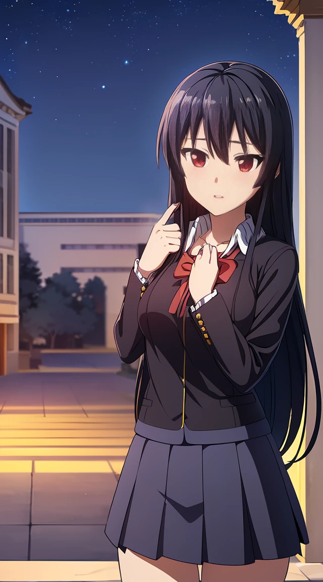 Akame,romantic style,(best quality,4k,8k,highres,masterpiece:1.2),ultra-detailed,(realistic,photorealistic,photo-realistic:1.37),perfect face, expressive eyes,detailed eyes,detailed lips,longeyelashes (Akame's eyes are carefully drawn, Eyelashes are long and clearly visible。) ,1girl,charming appearance,navy blue school uniform,(professional,polished:1.1),yellow accents,pattern of writing utensils,long black pleated skirt (A charming student uniform,dark blue theme,Detail processing is professional and exquisite,Highlight with yellow decoration,There is a stationery pattern on the skirt.。),vivid colors (Vibrant and rich colors),soft lighting (gentlesoftlighting),romantic atmosphere (Romantic atmosphere)