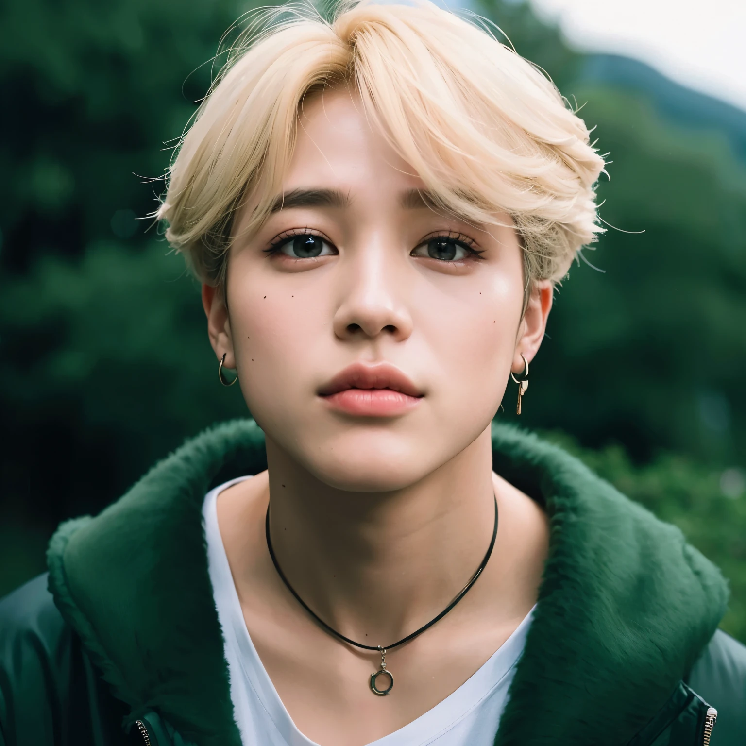 um close de uma pessoa com uma jaqueta verde e um colar, accurate Jimin face, park Jimin, Jimin, Jimin\Plump lips, Jimin\Nariz grego, Jimin\'s right eyelid swollen, portrait of kpop idol, Inspirado em Jeonseok Lee, Realistic. Cheng Yi, Yanjun Chengt, Cai Xukun, Ulzzang macho