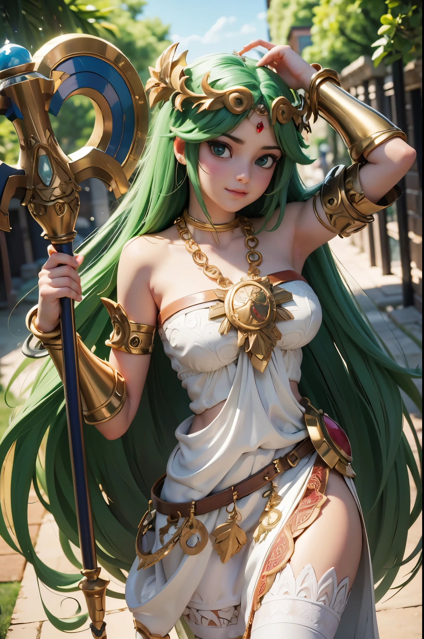 masterpiece, best quality, highres, hmpa1, palutena, parted bangs, tiara, large breasts, necklace, bare shoulders, strapless dress, vambraces, belt, white dress, white thighhighs, single thighhigh, outdoors, holding staff, staff, shield,