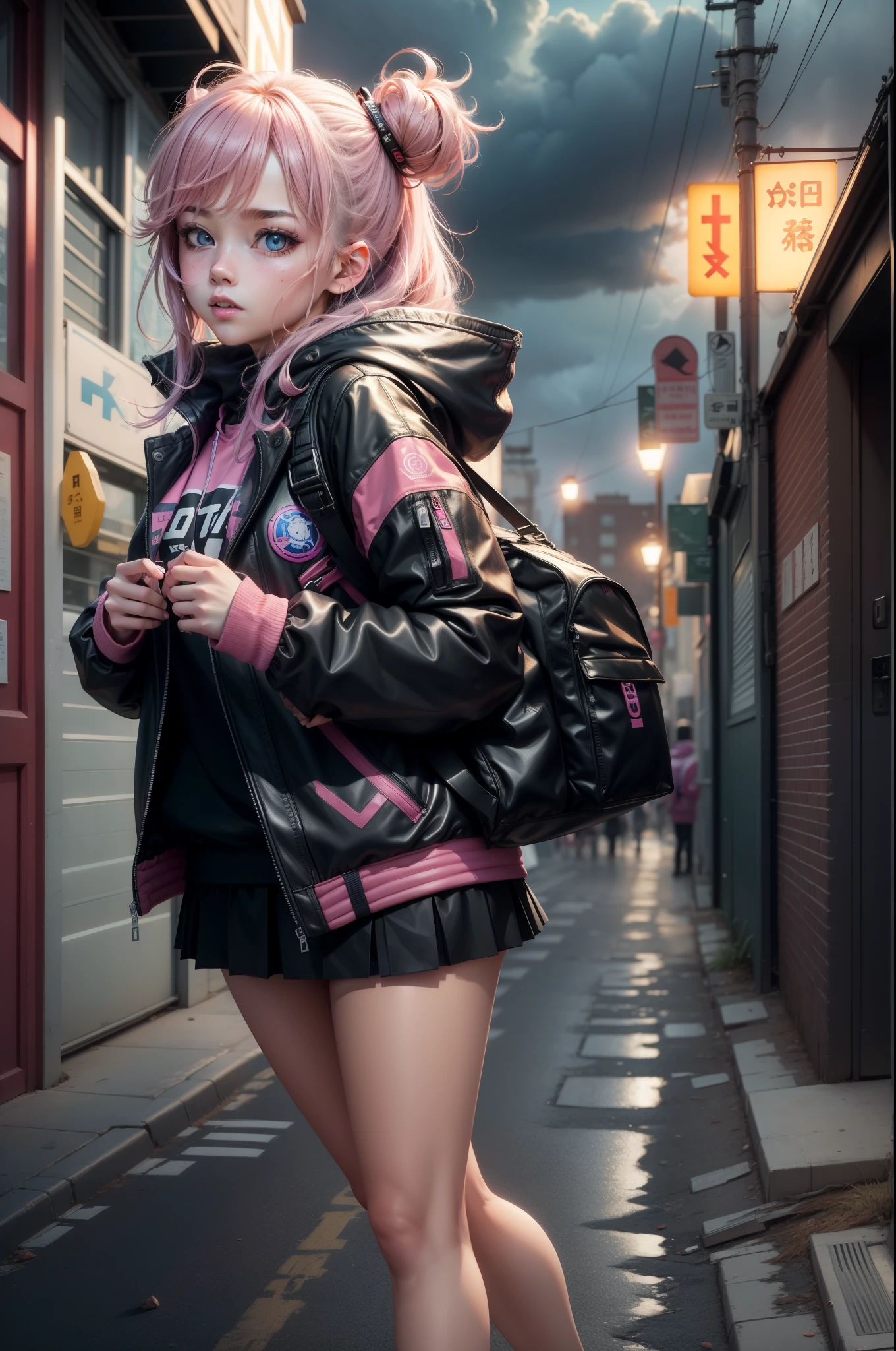 1 girl,Beautiful eyes,pink jacket,dark stormy clouds,Sateen,mirth,hoody,Superskirt,Martin shoes,Open jacket,backpacks,messy hair,8K分辨率,The content is very detailed,Anatomically correct,Sharp Images,digitial painting,concept-art,Trends on pixiv,tmasterpiece, Best quality at best, In the cyberpunk city,