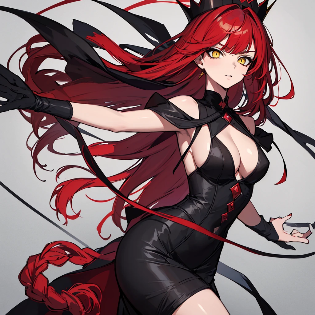 (absurdres, 8k, 4k, masterpiece, hyper extreme detailed:1.2), solo, ((red hair)), 1girl, profile view, profile picture, perfect face, 1girl, ((red long hair)), ((black crown)), ((straight cut hair bangs)), roses in hair, braids, portrait, queen, bloody, ((very long hair)), (full body), elegant dress, gloves, dominant, roses, expressive eyes, solo, perfect anatomy, evil eyes, female, medium boobs, black gothic clothes, long red hair, braided hair, serious, not similing, yellow eyes, female, covered breasts,