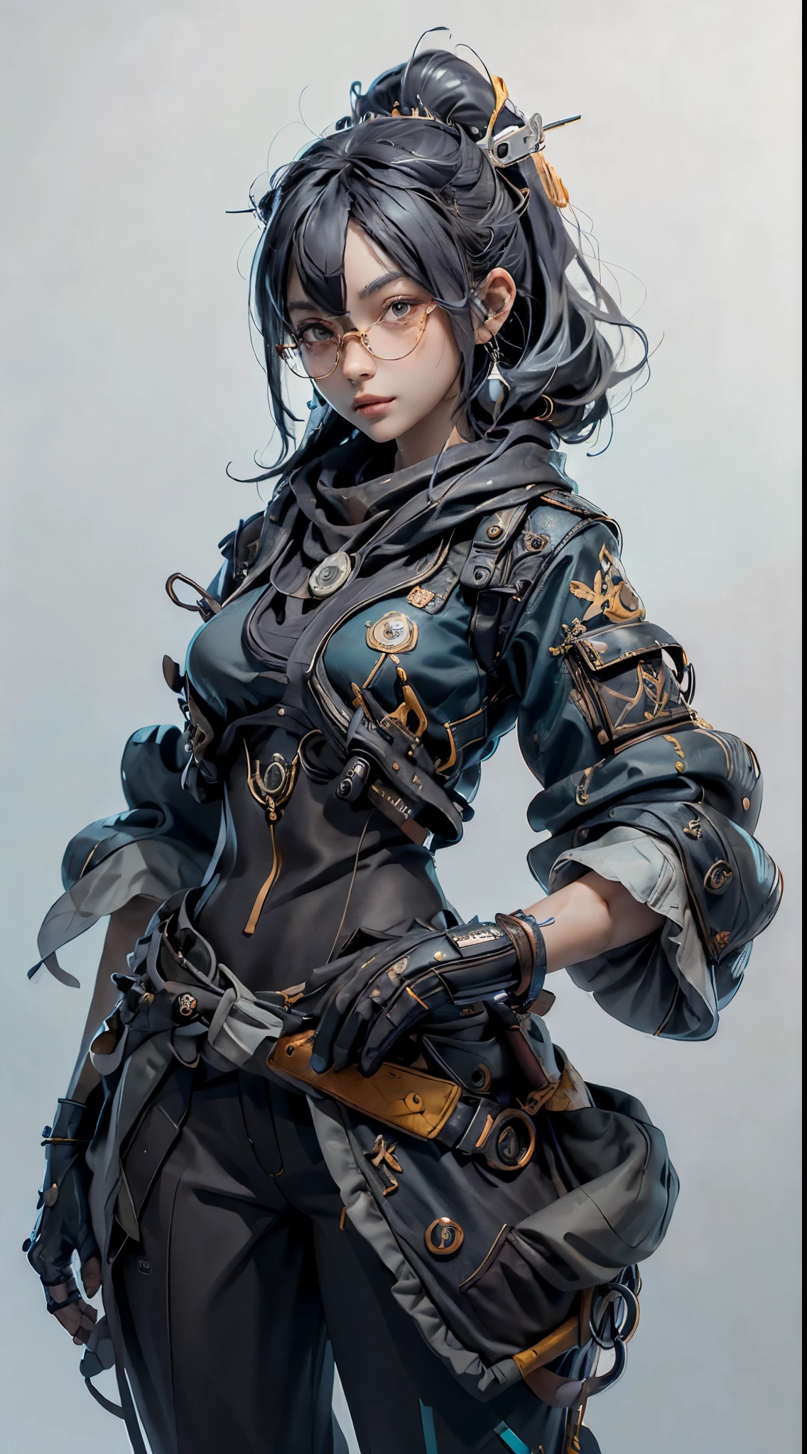 (tmasterpiece), (Excellent), (Super detailed pictures: 1.2), Super Young Woman, The beautiful, sexy for, burst, oriental face, TV Anchor, Broken, Alone, Black suit, a blue tie, silver glasses, The face is a little fat, My face is already clean, No beard, black super short hair, 黑The eye, confident smile, 3c Computer Sub-Products, iPad, iPhone, digitial painting, 3D character design by Mark Claireldon and Pixar and Hayao Miyazaki, This picture is a 4K resolution high-definition picture,Visual effects with very detailed facial features and style.