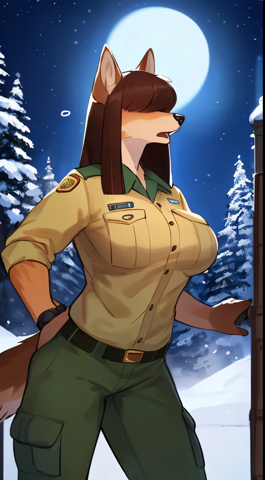 By bebebebebe, by lostgoose, by goonie-san, female, ((canine, snout, hair covering eyes, straight hair, medium hair, flat hair, ears, thin snout)), brown fur, big poofy tail, raised tail, dark maroon hair, (muscular, big breasts), solo, shocked pose, surprised pose, shocked expression, surprised expression, open mouth, standing, (park ranger uniform, tan uniform, green cargo pants), forest, snow, snowing, night time, moon, (((standing on watch tower, national park)))