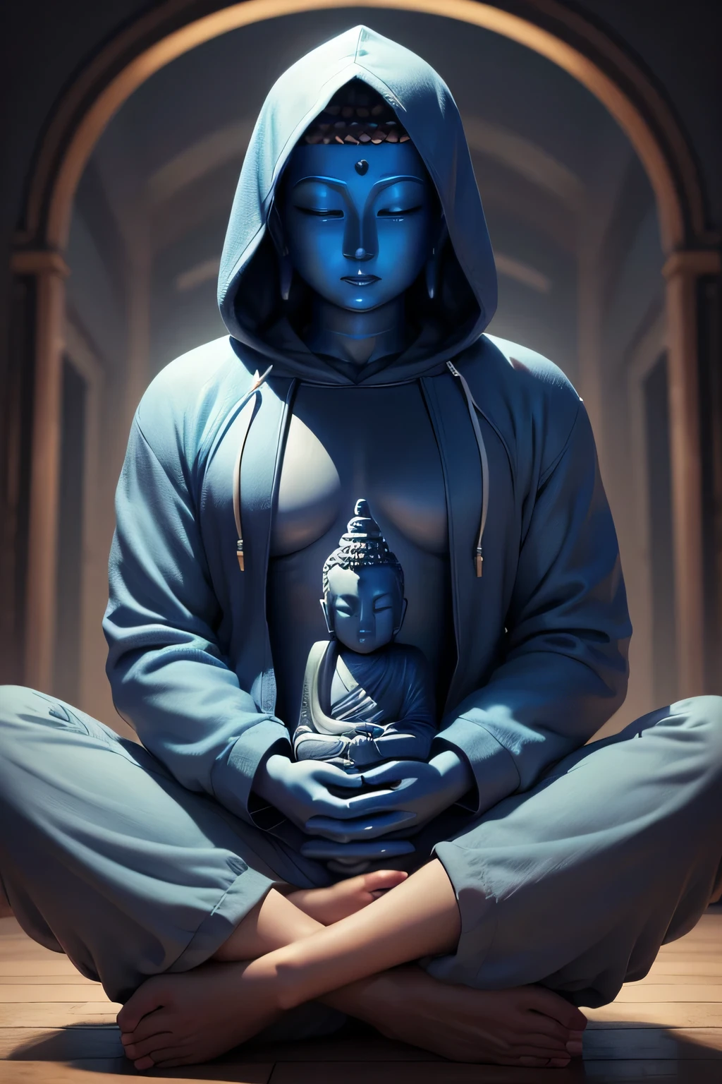 There is a blue Buddha statue facing the front and wearing a hoodie hood,Buddha, the buddha, buddhism, beautiful image,Buddha,Buddha