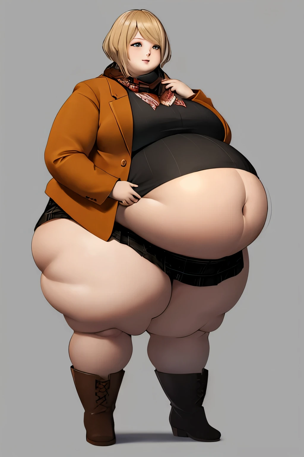 beautiful, masterpiece, best quality, extremely detailed face, perfect lighting, 1girl, blonde, re4ashley, orange jacket, scarf, black plaid skirt, pantyhouse, boots, portrait, solo,extremely obese, (obese belly):1.7, (obese legs):1.5, fat rolls, SSBBW Adeline body,(thicc:0.5), (WeightImmobile:1.3), (obese:1.2) (round face:1.3), huge belly, wide hips, from below, discoelysium, legs spread, muffin top, pudgy, Big  Bump pregnant, Big boobs, Big pregnant Belly, Big Pregnant girl, Largest Belly of Pregnant, Huge Pregnancy, Huge 9 months Pregnancy Belly, huge belly expansion, huge belly girl, morbid obesity,800lbs,enormous fat belly, rolls of fat, fat thighs, Massively Bloated Abdomen, ridiculously large spherical Belly, oversized spherical stomach, ridiculously oversized pregnant belly, huge stomach