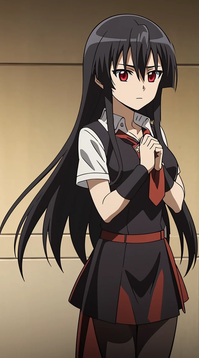 Akame (akame ga kill) anime art style, master piece, best quality,1girl,very long black hair, perfect face, expressive eyes, red eyes ,medium breasts ((school uniform Japanese ,White shirt ,blue serafuku, pantyhose,black skirt )),red tie , looking at me ,full body, background school