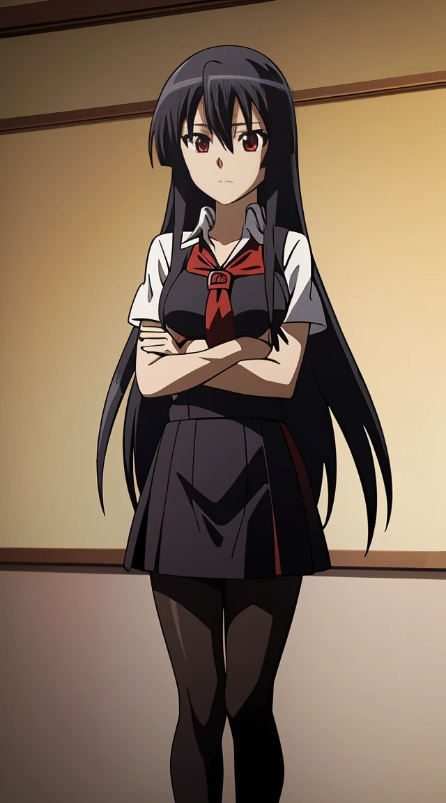 Akame (akame ga kill) anime art style, master piece, best quality,1girl,very long black hair, perfect face, expressive eyes, red eyes ,medium breasts ((school uniform Japanese ,White shirt ,blue serafuku, pantyhose,black skirt )),red tie , looking at me ,full body, background school