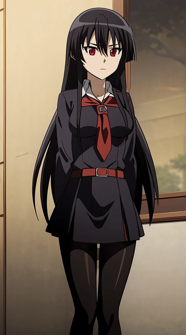 Akame (akame ga kill) anime art style, master piece, best quality,1girl,very long black hair, perfect face, expressive eyes, red eyes ,medium breasts ((school uniform Japanese ,White shirt ,blue serafuku, pantyhose,black skirt )),red tie , looking at me ,full body, background school