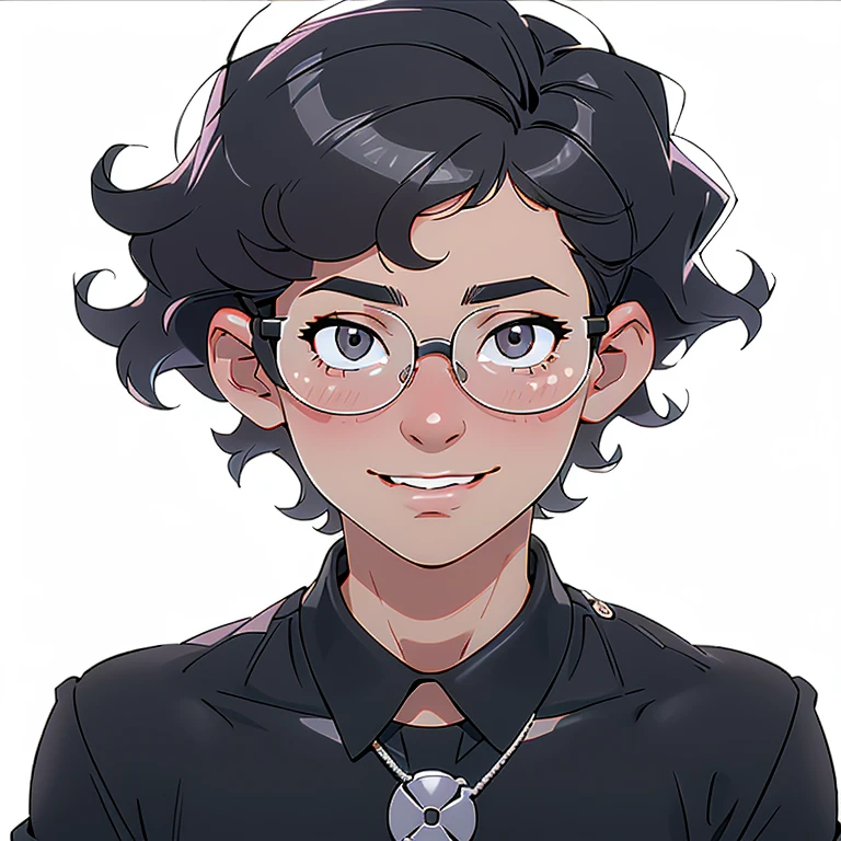 smiling, curly hair, short hair, glasses, white skin, looking in the mirror, black and white colors, boy 
nose and mouth of a black person